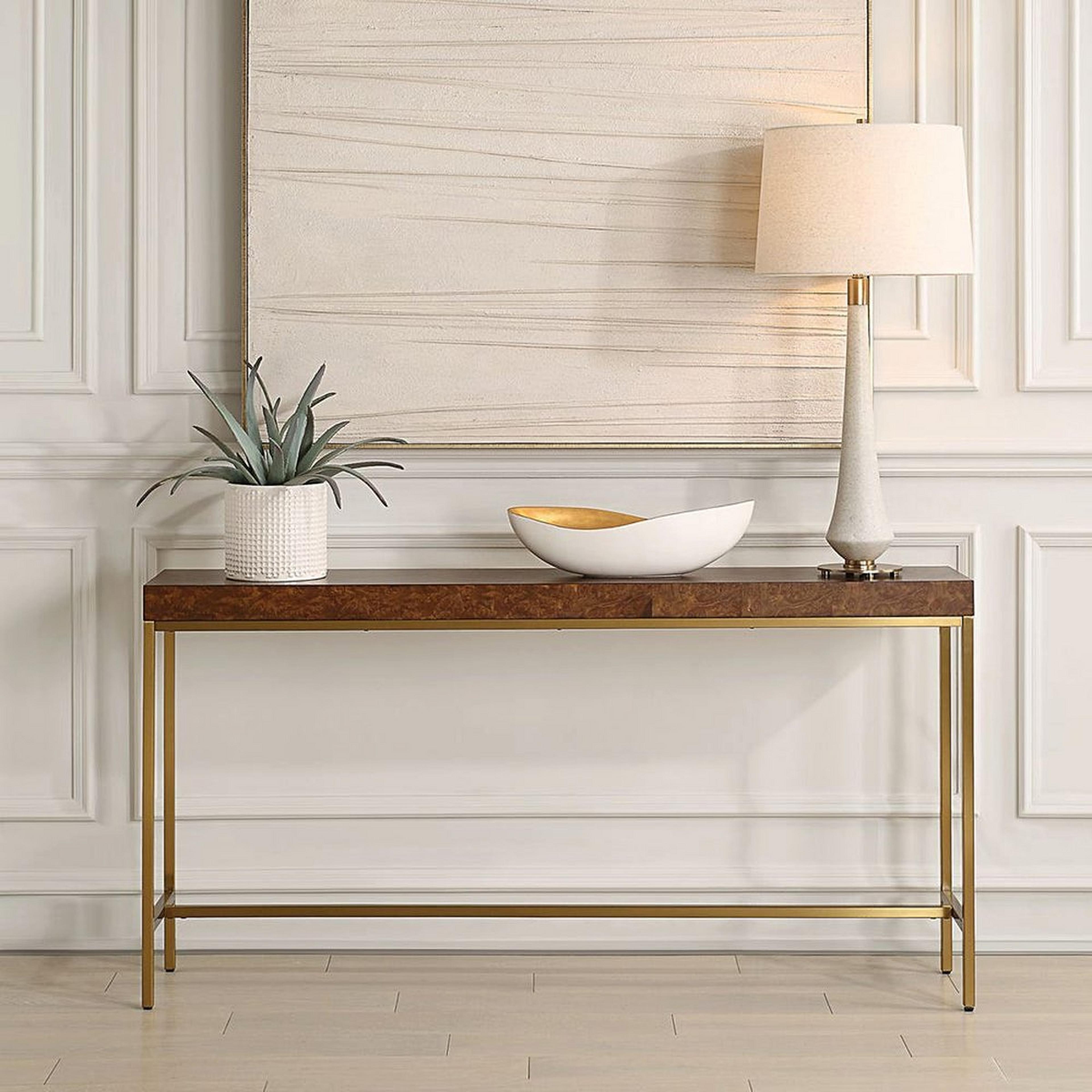 A Nacorda Console Table with Burl Wood / Brass color