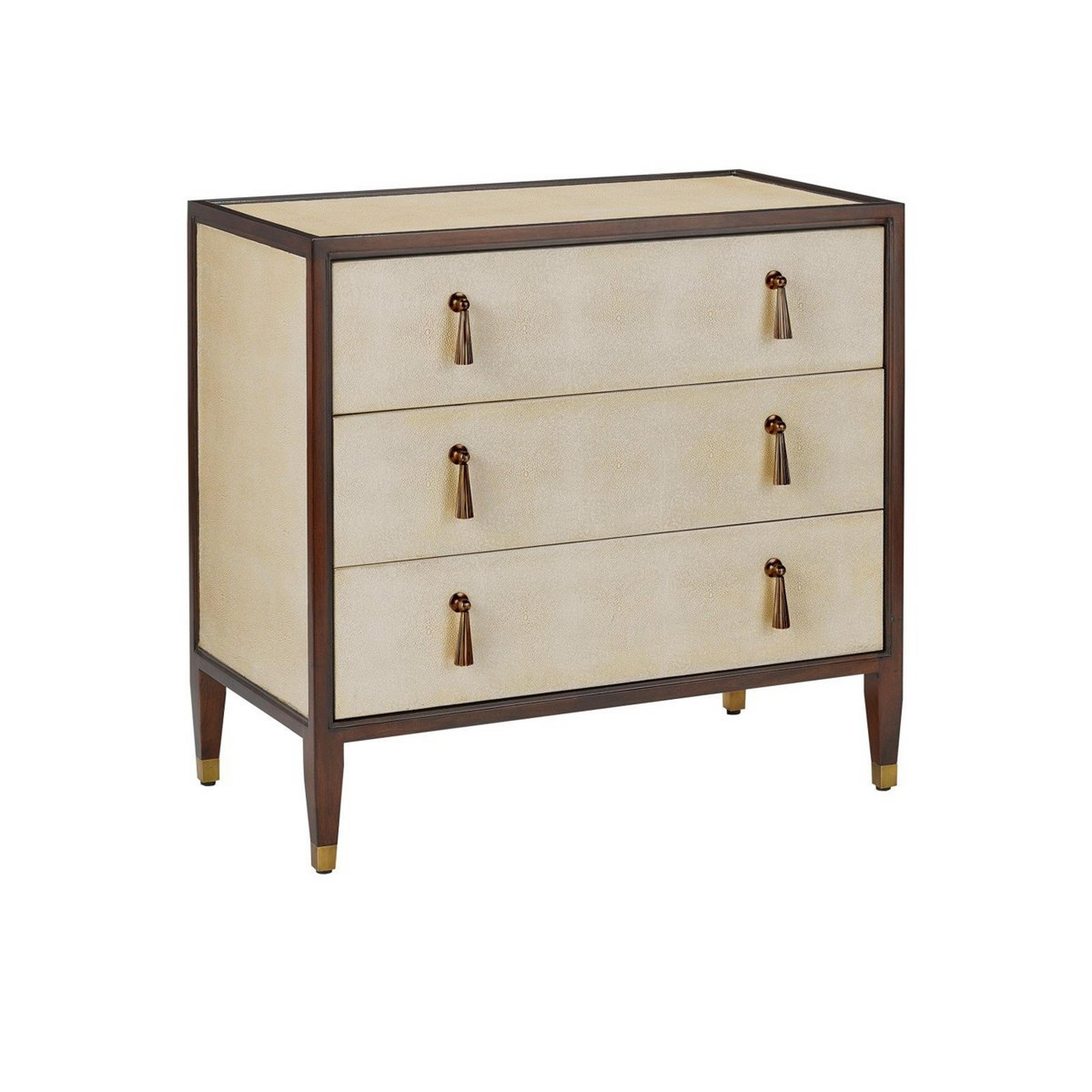 A Merveilles Accent Chest with Ivory Faux Shagreen / Dark Walnut / Brass color