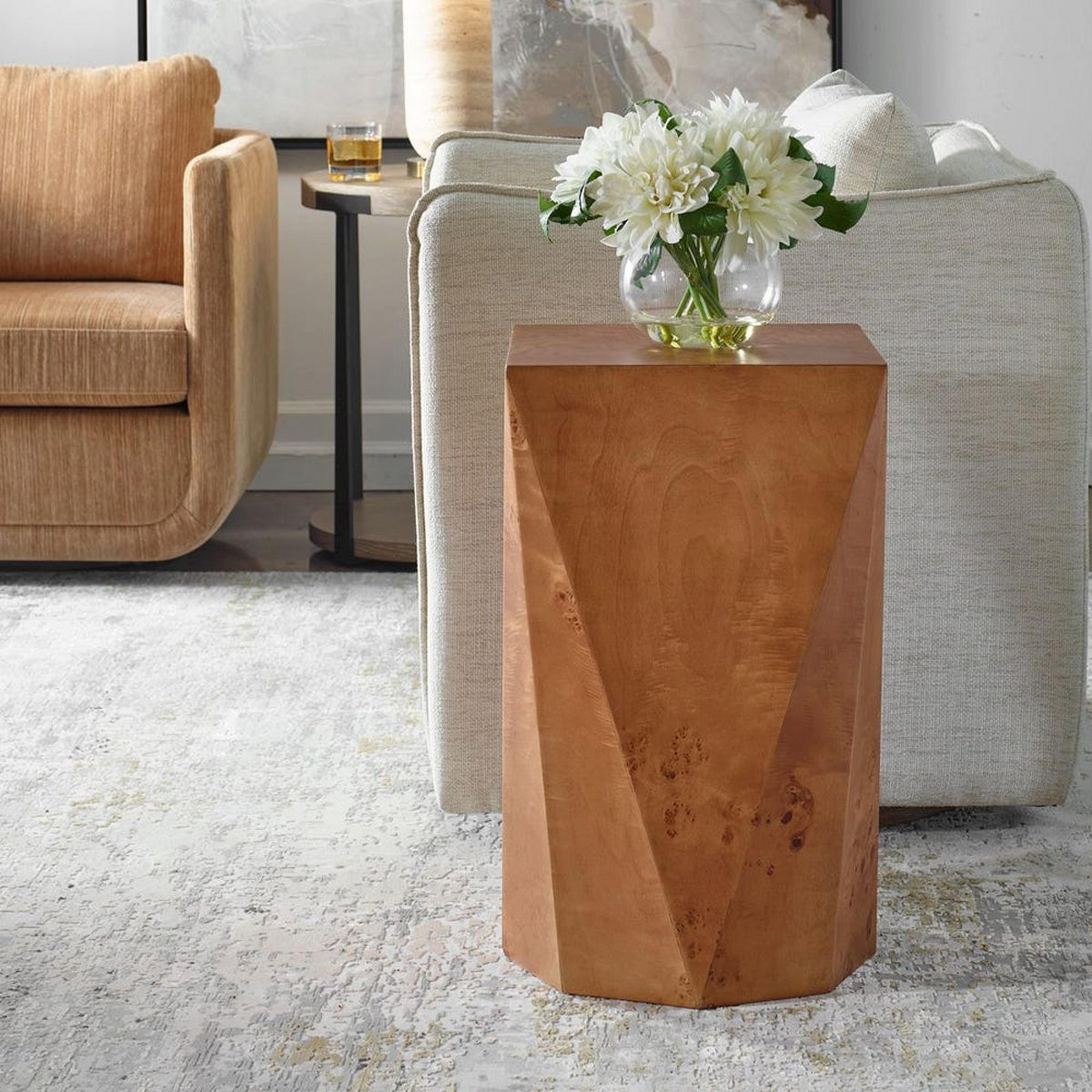 A Scarborough End Table with Natural Burl Wood color