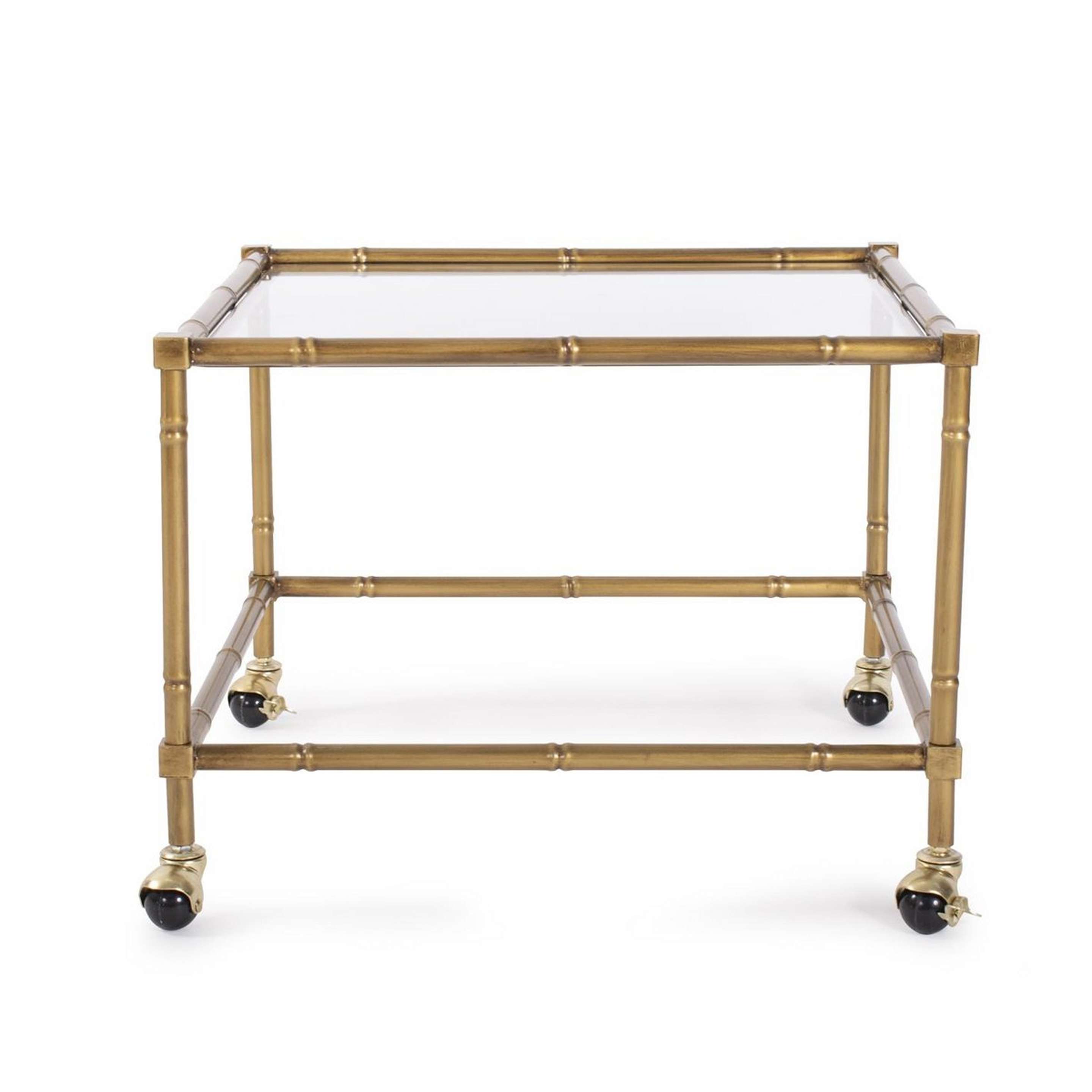A Mahajanga Rolling Side Table with Aged Gold / Clear Glass color