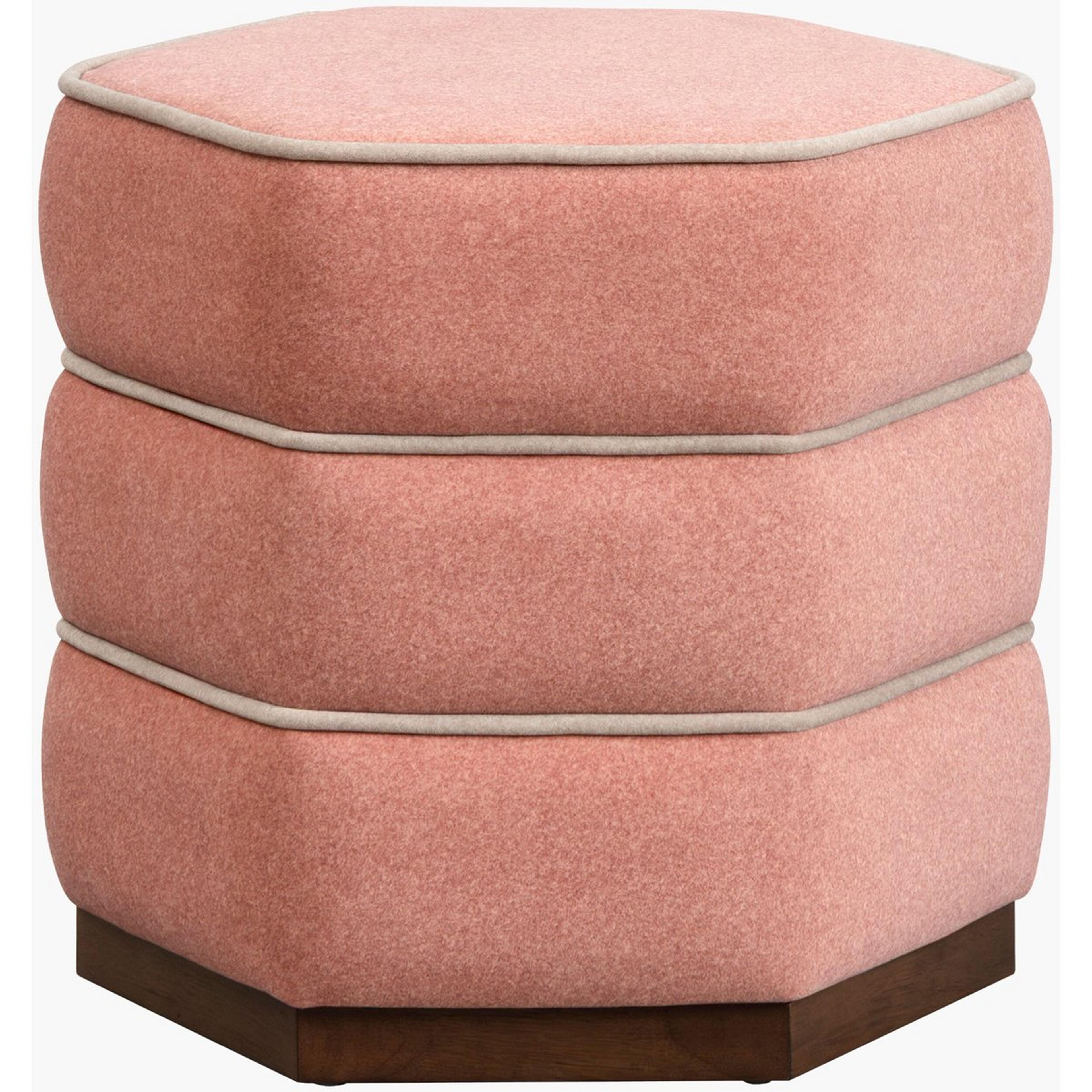 A Gateau Ottoman with Dusty Pink Faux Mohair / Beige / Dark Wood color