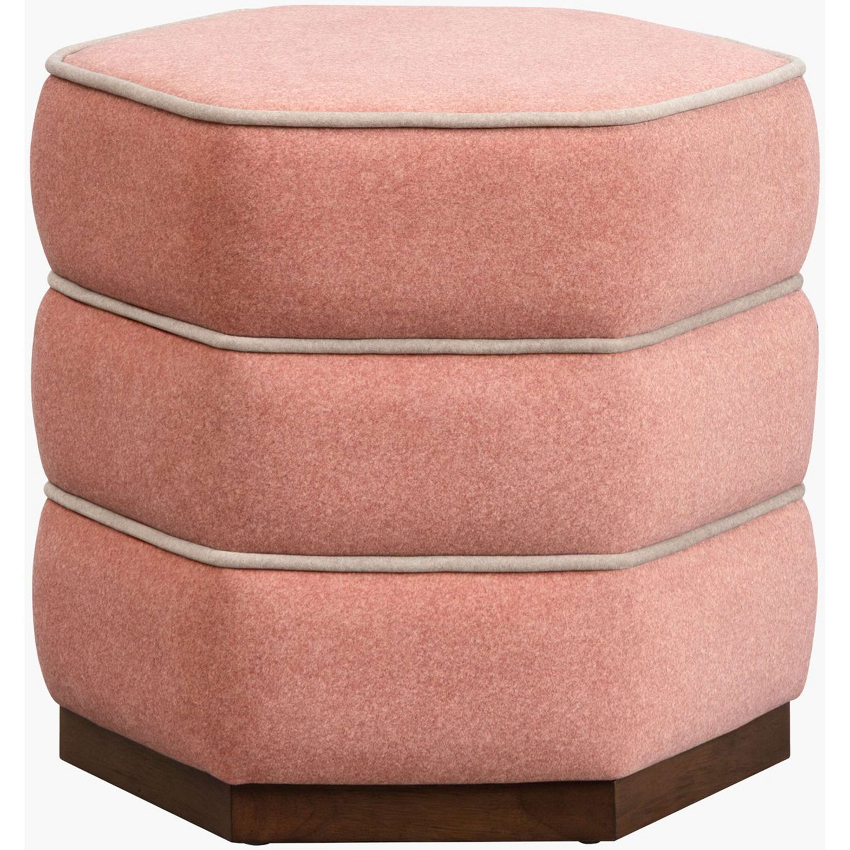 A Gateau Ottoman with Dusty Pink Faux Mohair / Beige / Dark Wood color