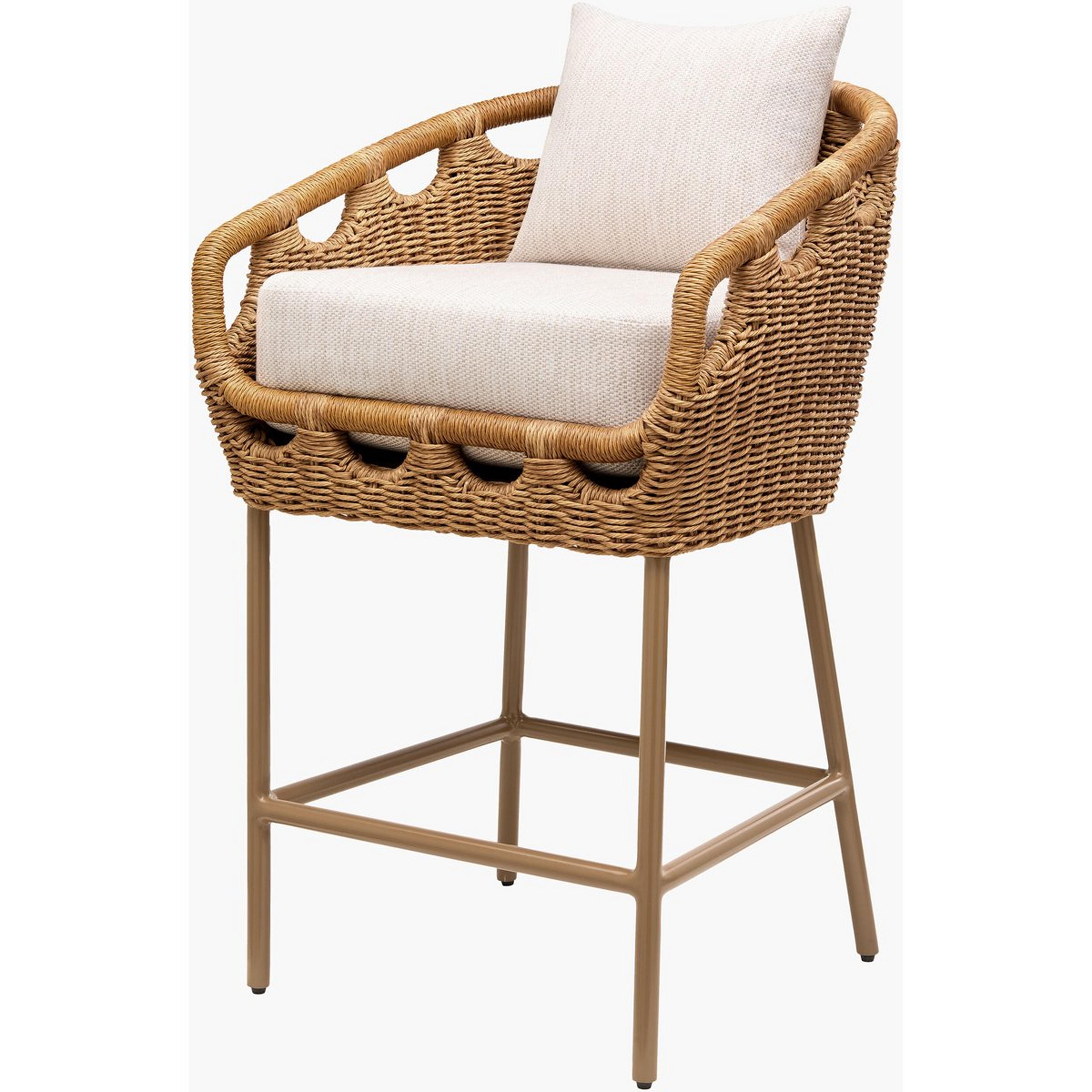 A Meadowbrook Outdoor Bar Stool with Natural / Gray Upholstery color
