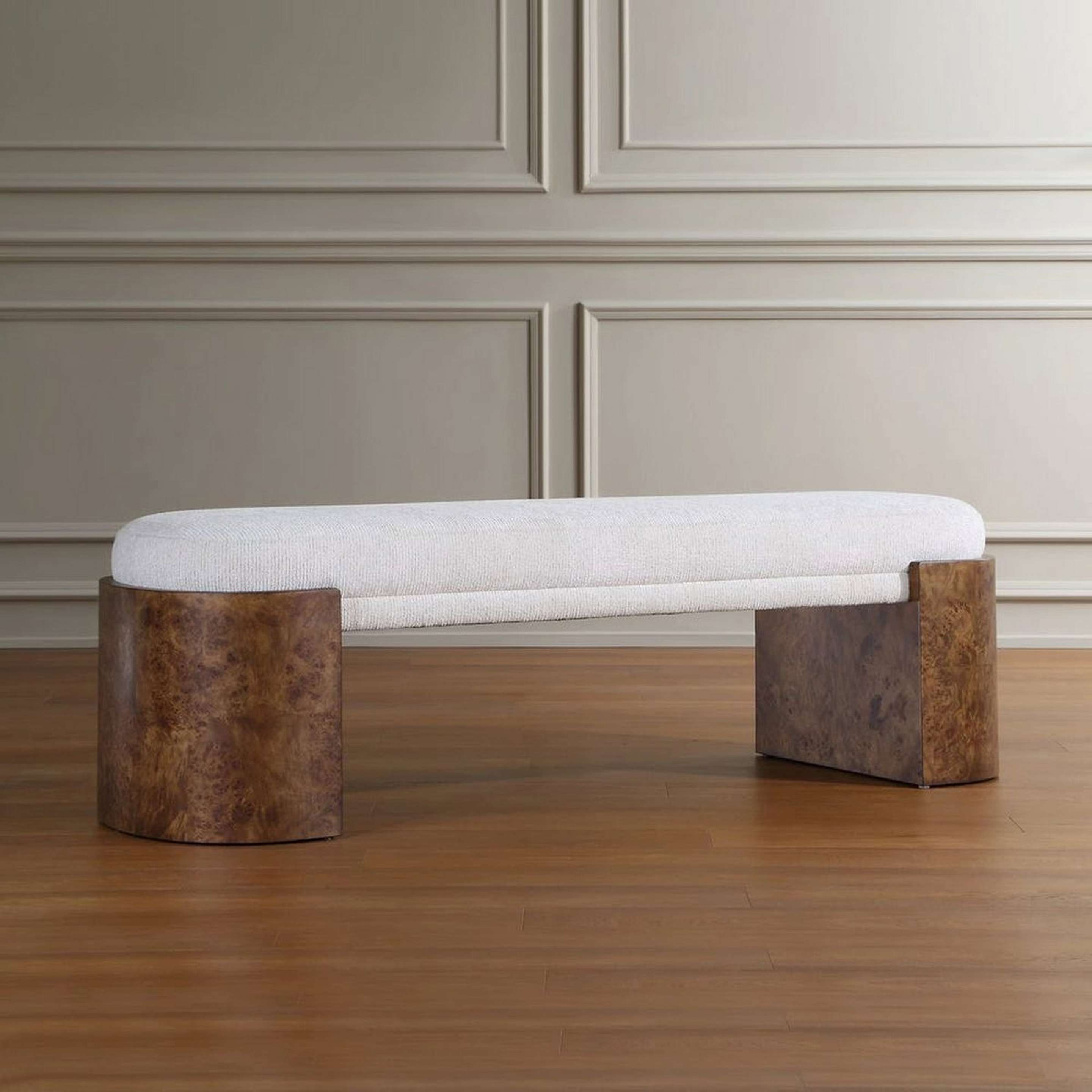 A Cameron Upholstered Bench with Dark Burl Wood / Off-White Upholstery color