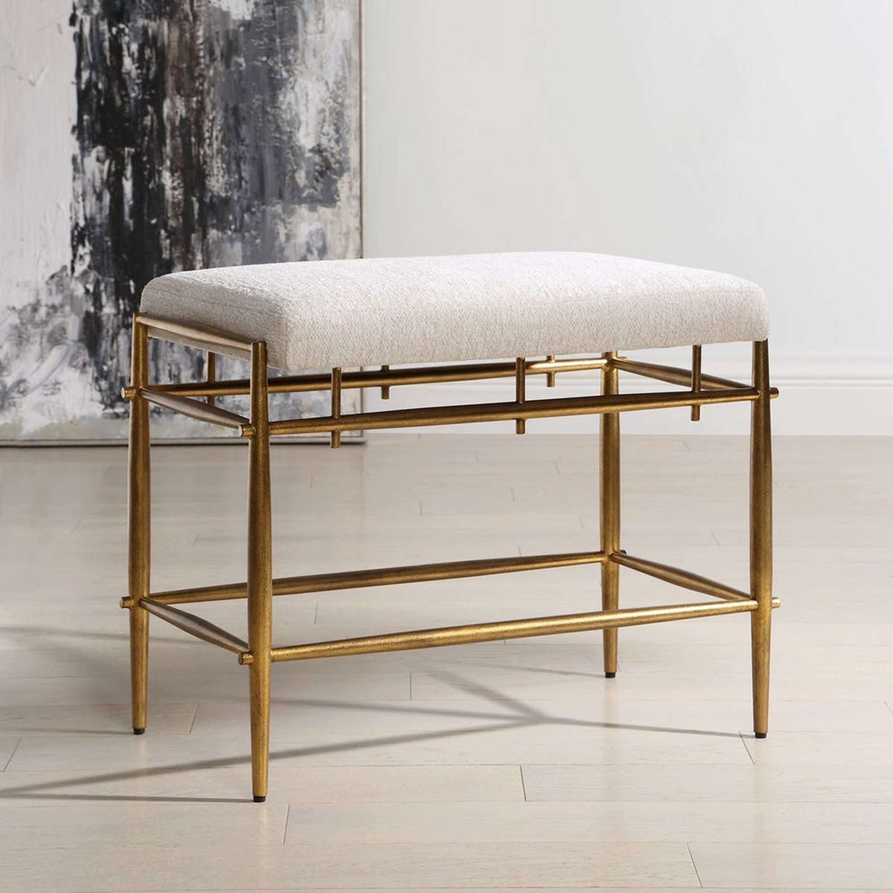 A Delaney Accent Bench with Brass / Ivory Chenille Upholstery color