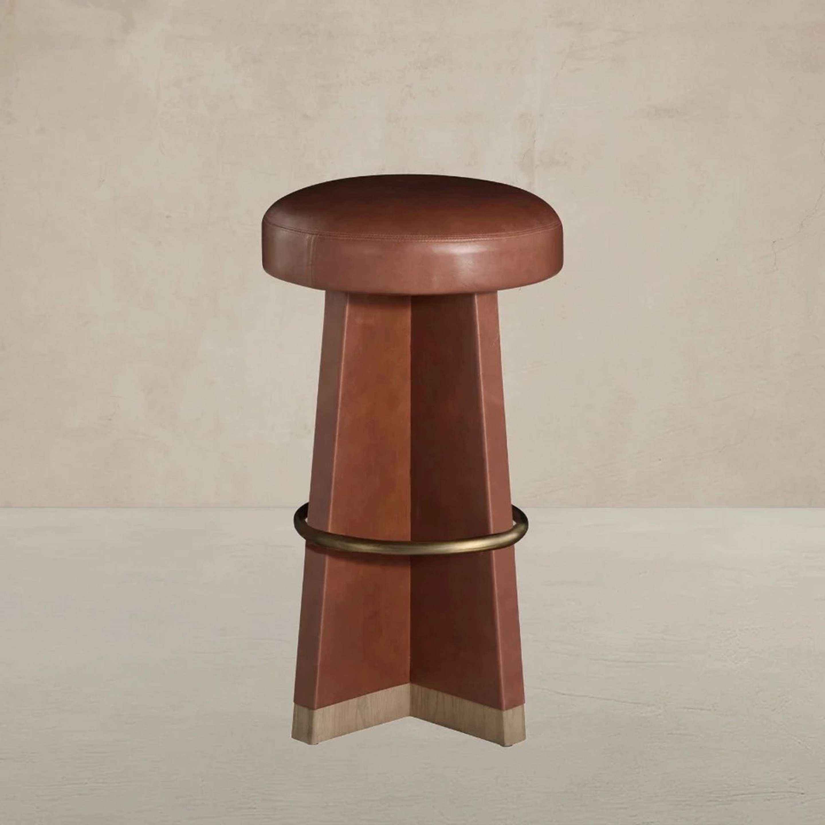 A Bjorn Swivel Bar Stool with Brown Leather / Light Wood color