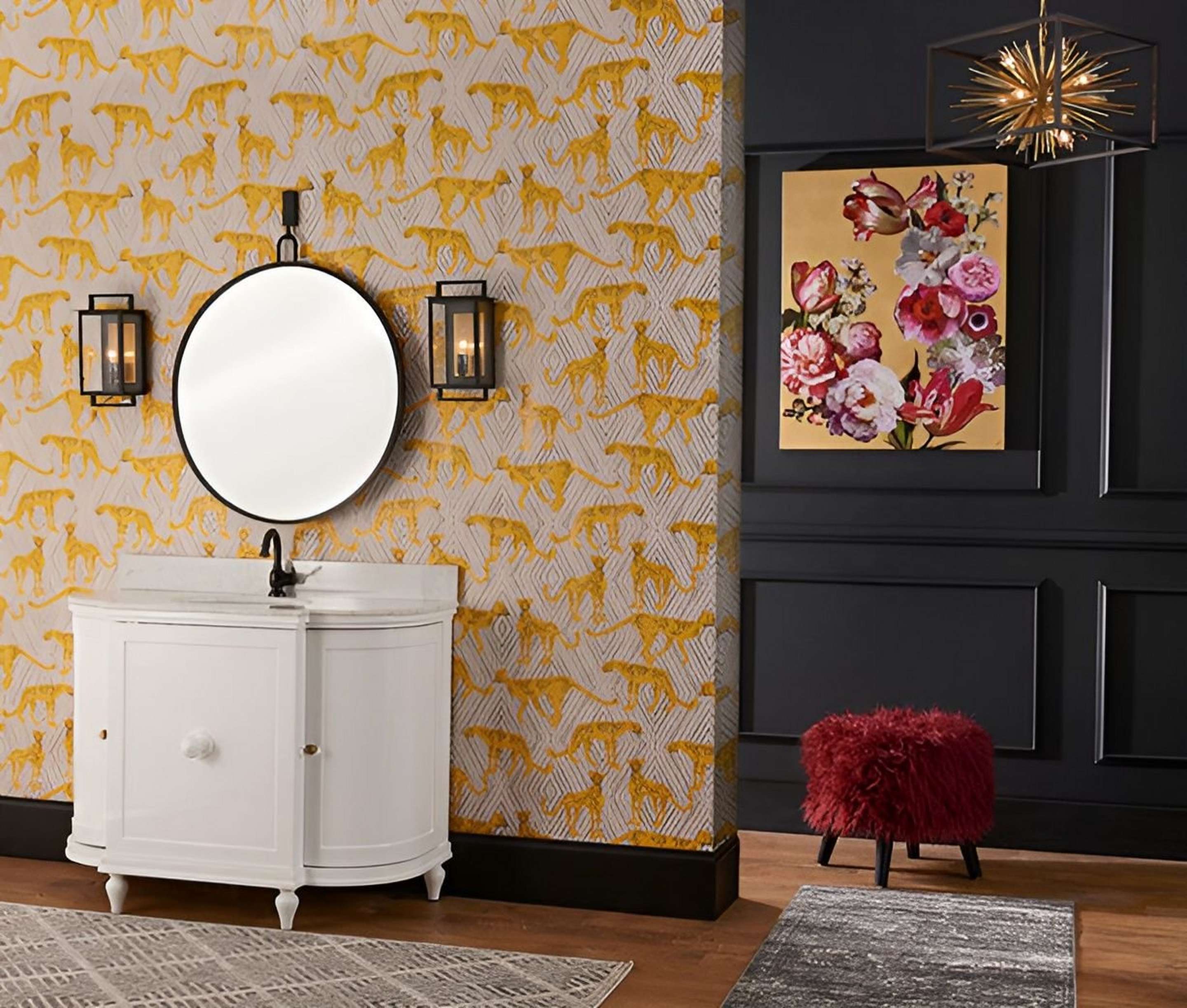 Boxed Starburst Chandelier in an Elegant Powder Room Entryway