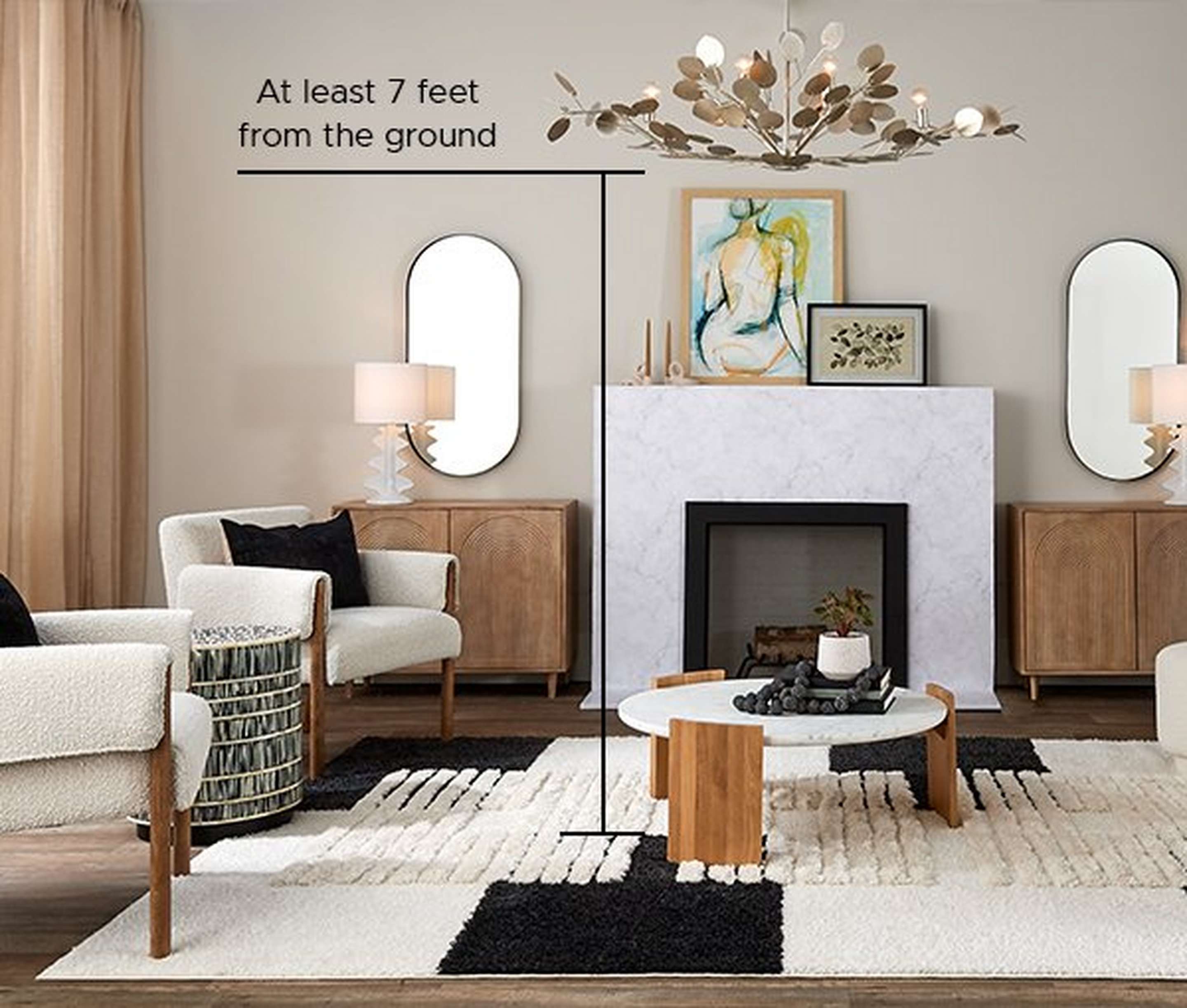 The bottom of the Alana Chandelier hangs 7 feet from the ground