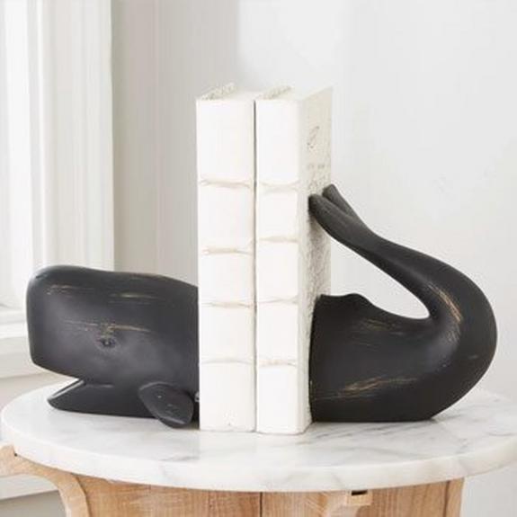 Distressed Black Resin Whale Bookends