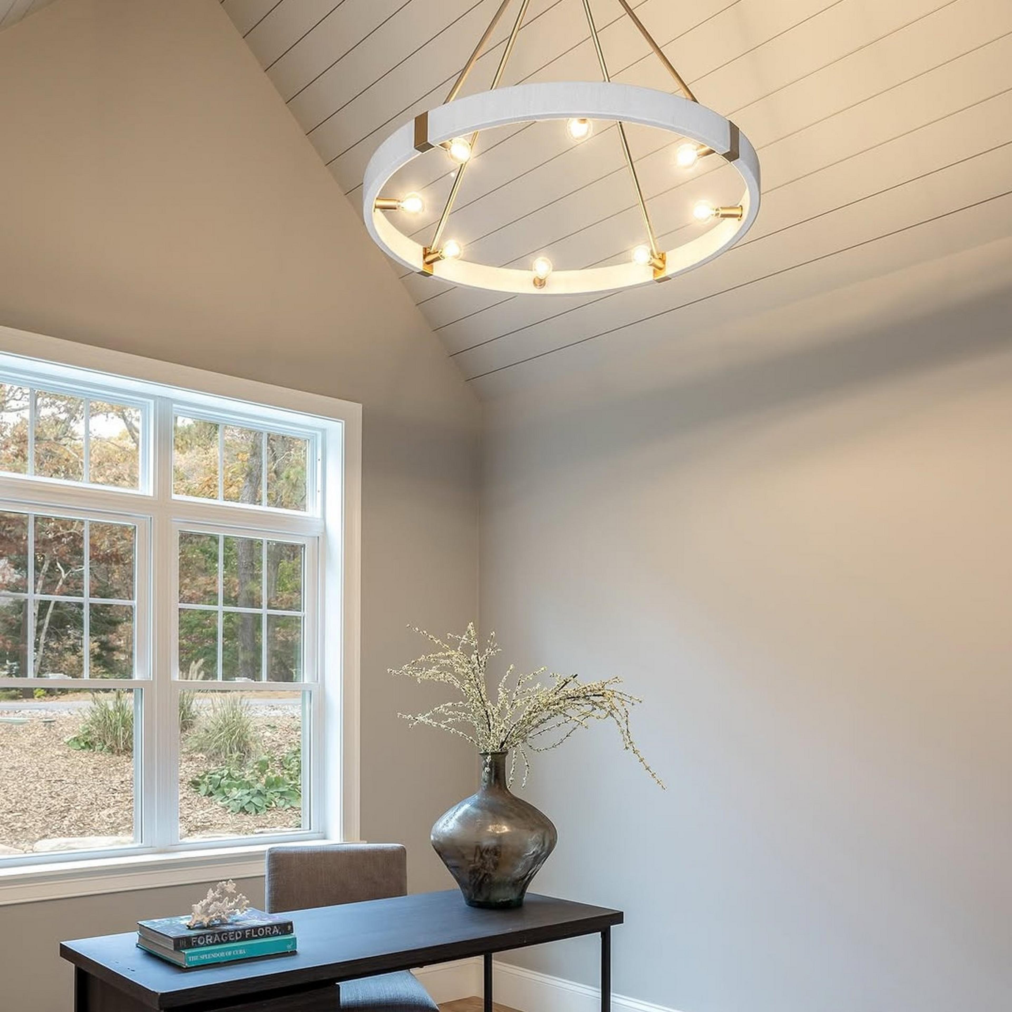 Matte Brass and Bleached Natural Rope Kalini Chandelier in a home office