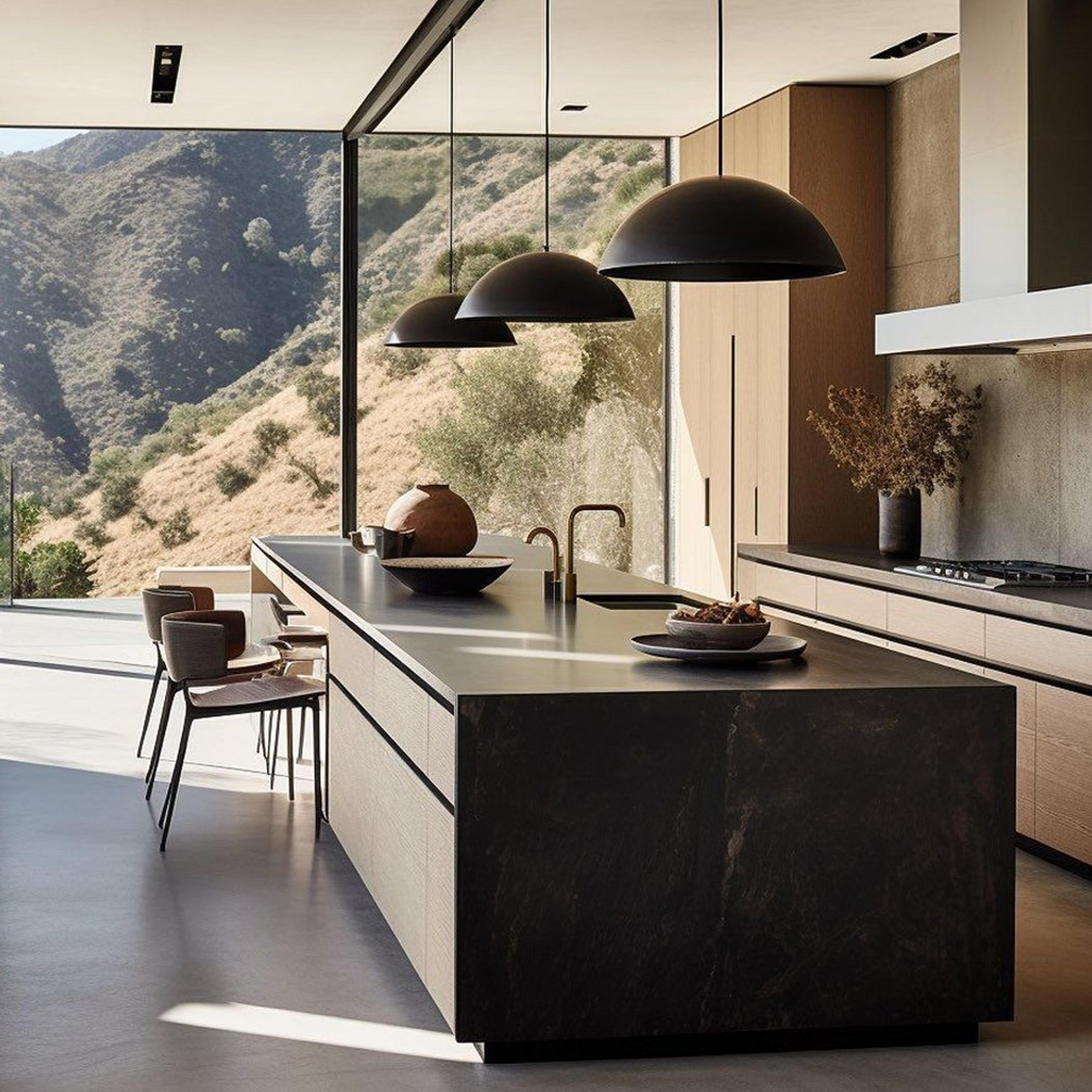 Two matte black Aeryn Pendants in a pituresque kitchen