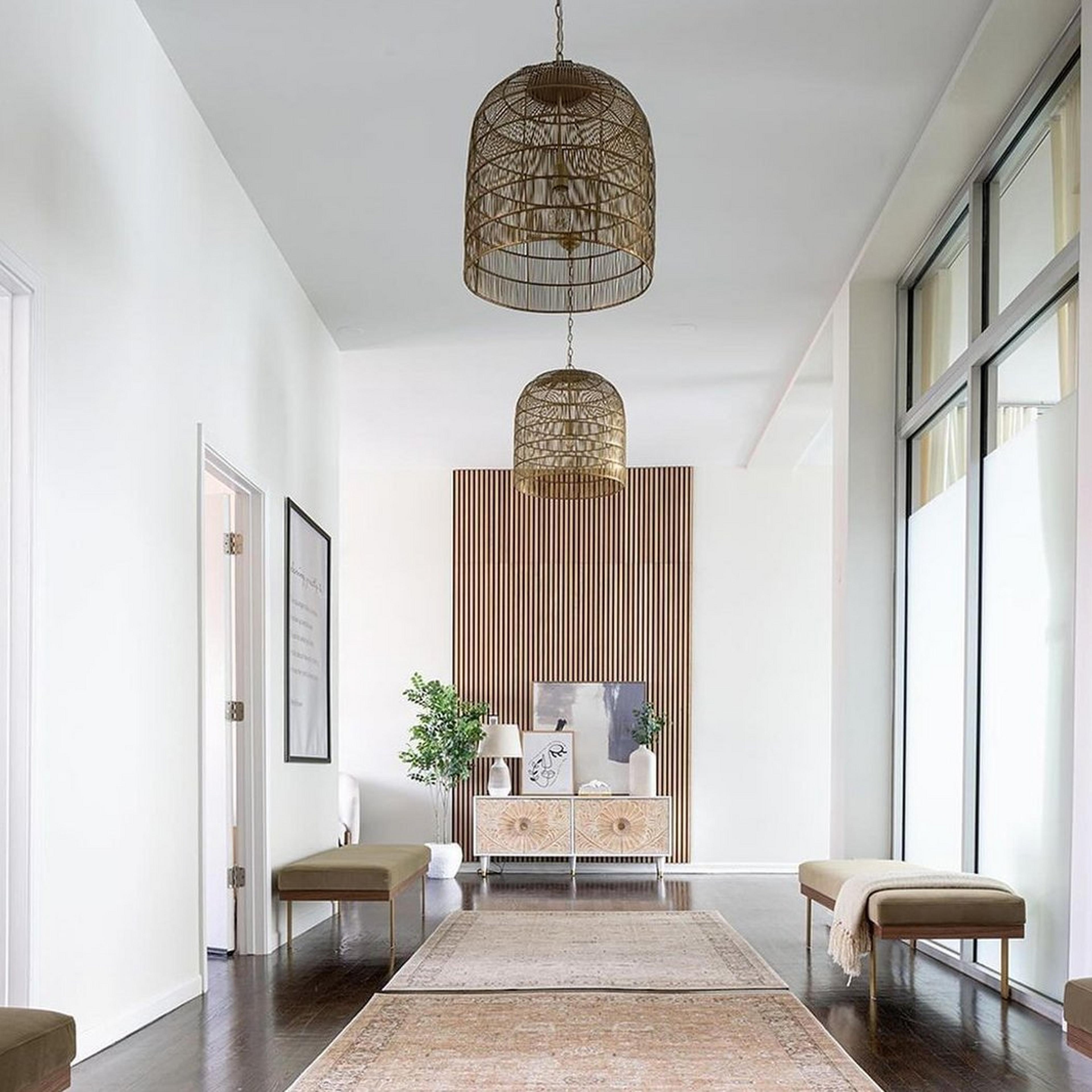 Two sculpted cage pendants hanging in a hallway