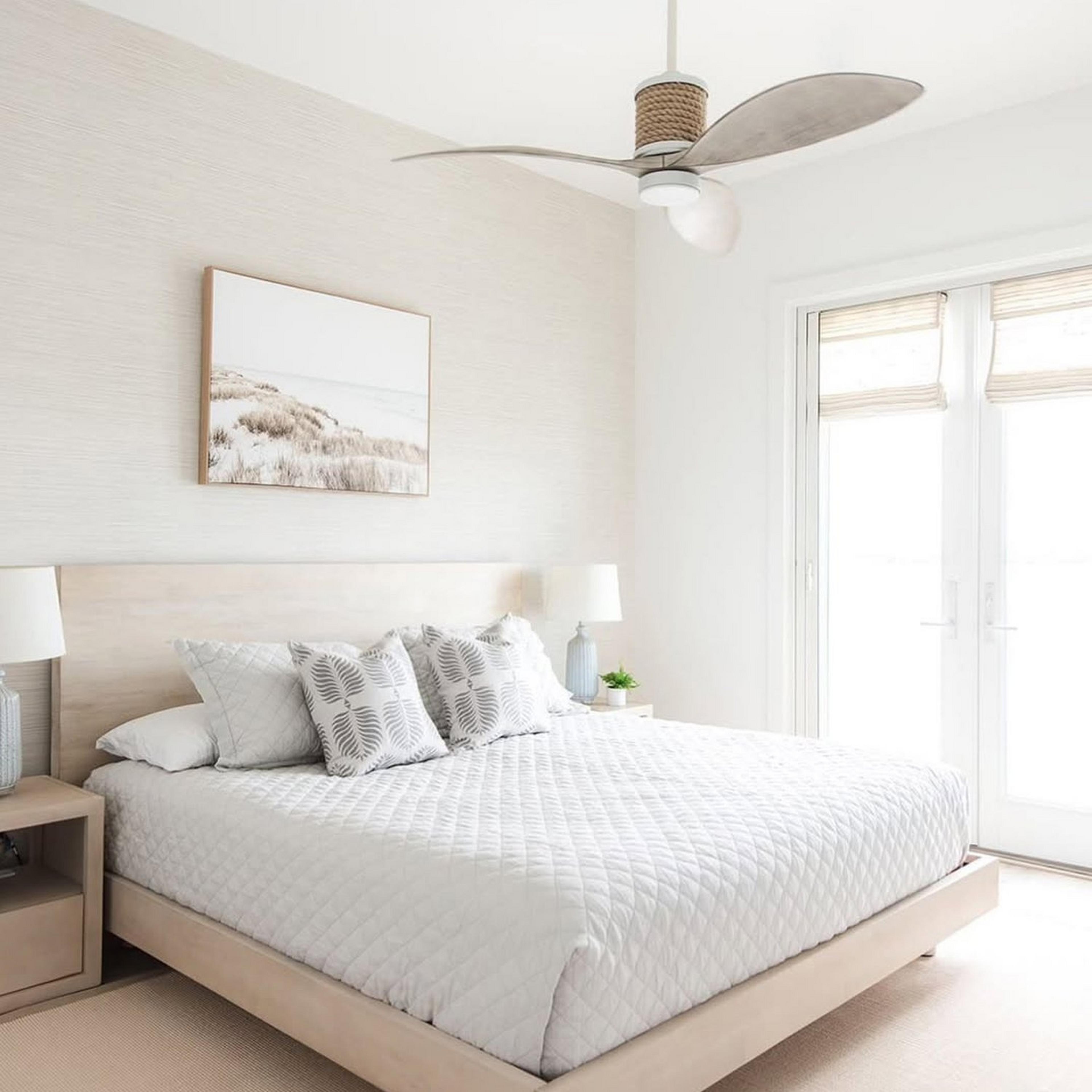 La Mer Smart LED Indoor or Outdoor Ceiling Fan in a bedroom