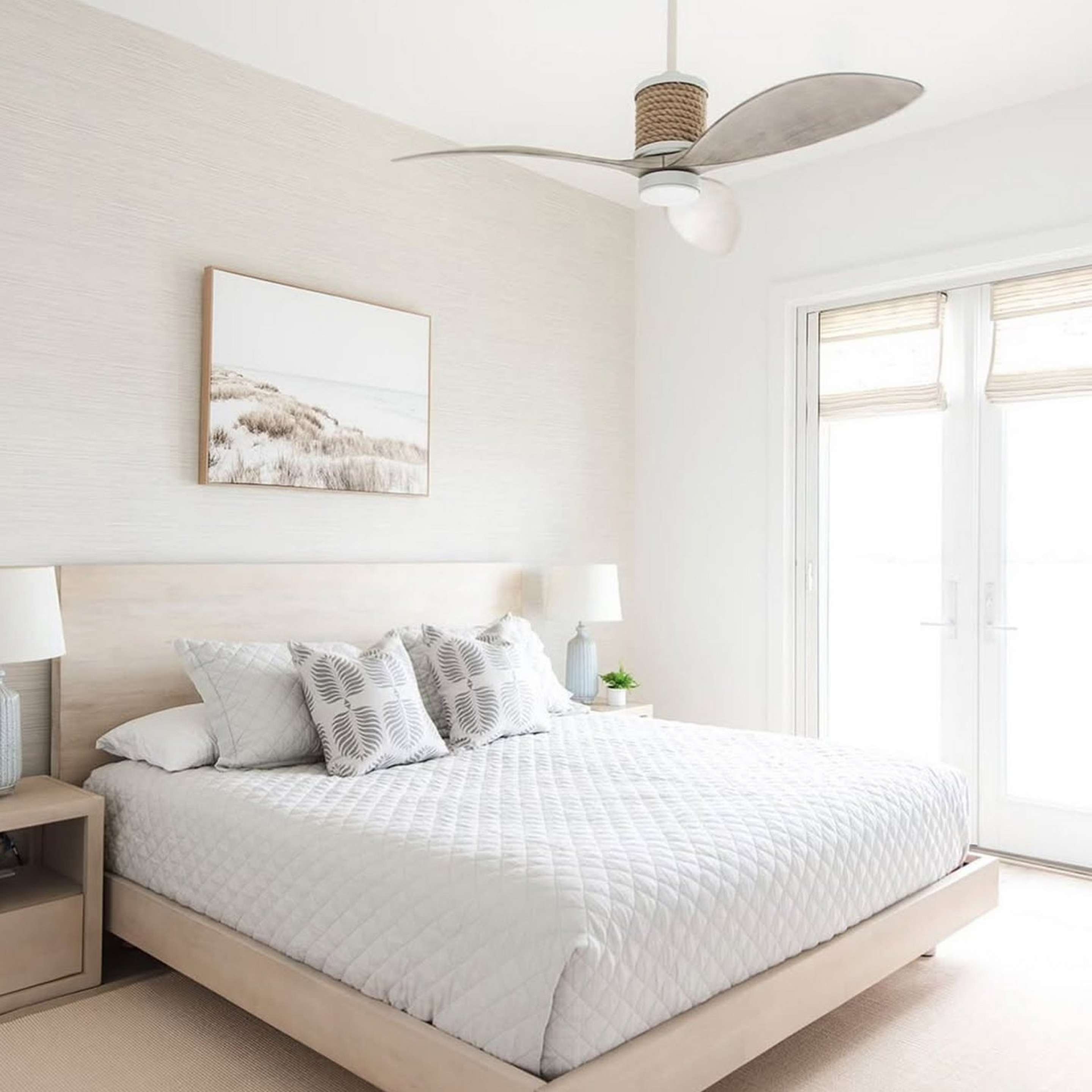 La Mer Smart LED Indoor or Outdoor Ceiling Fan in a bedroom