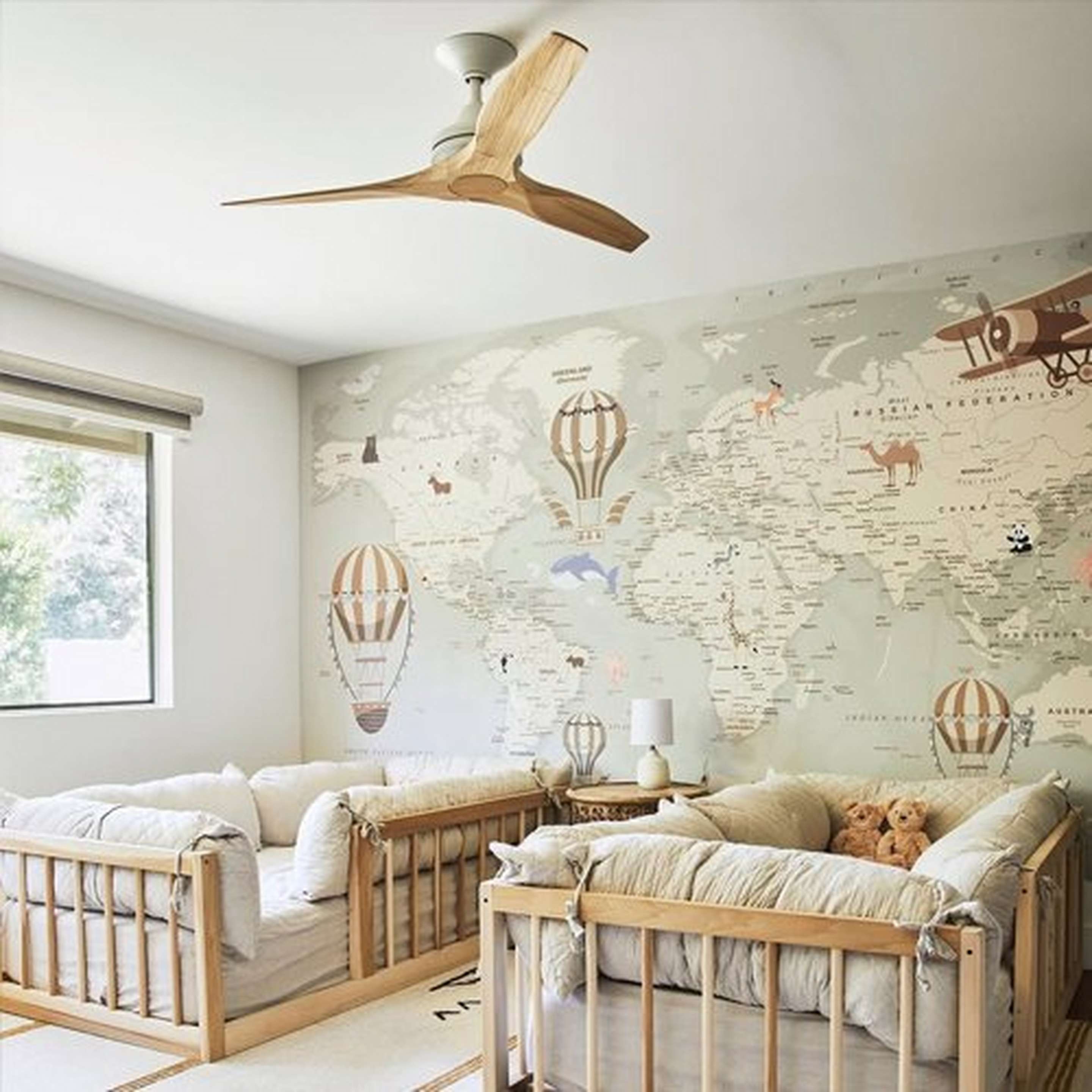 Metal and Wood Ceiling Fan in bedroom