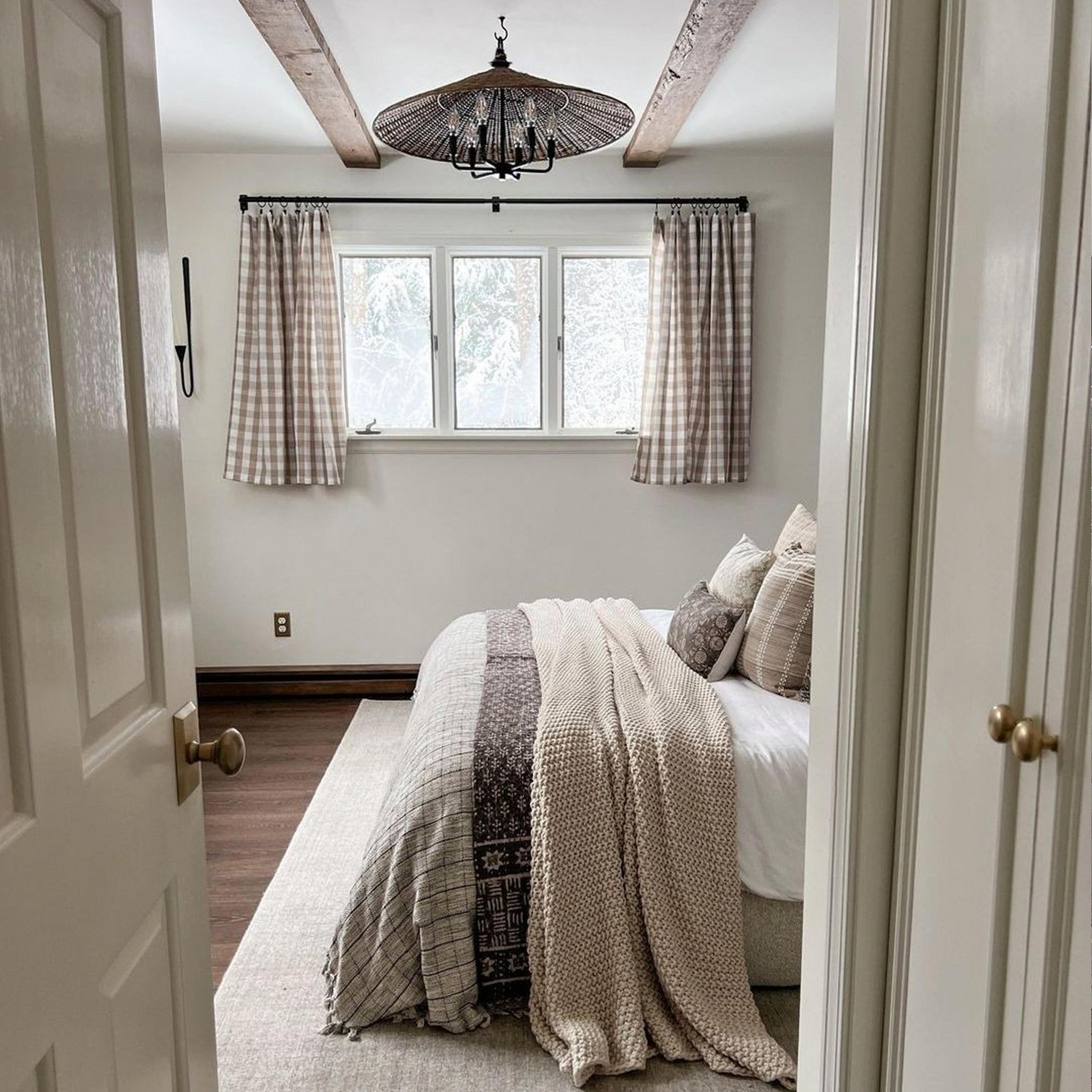 Rattan Shade Chandelier in a bedroom
