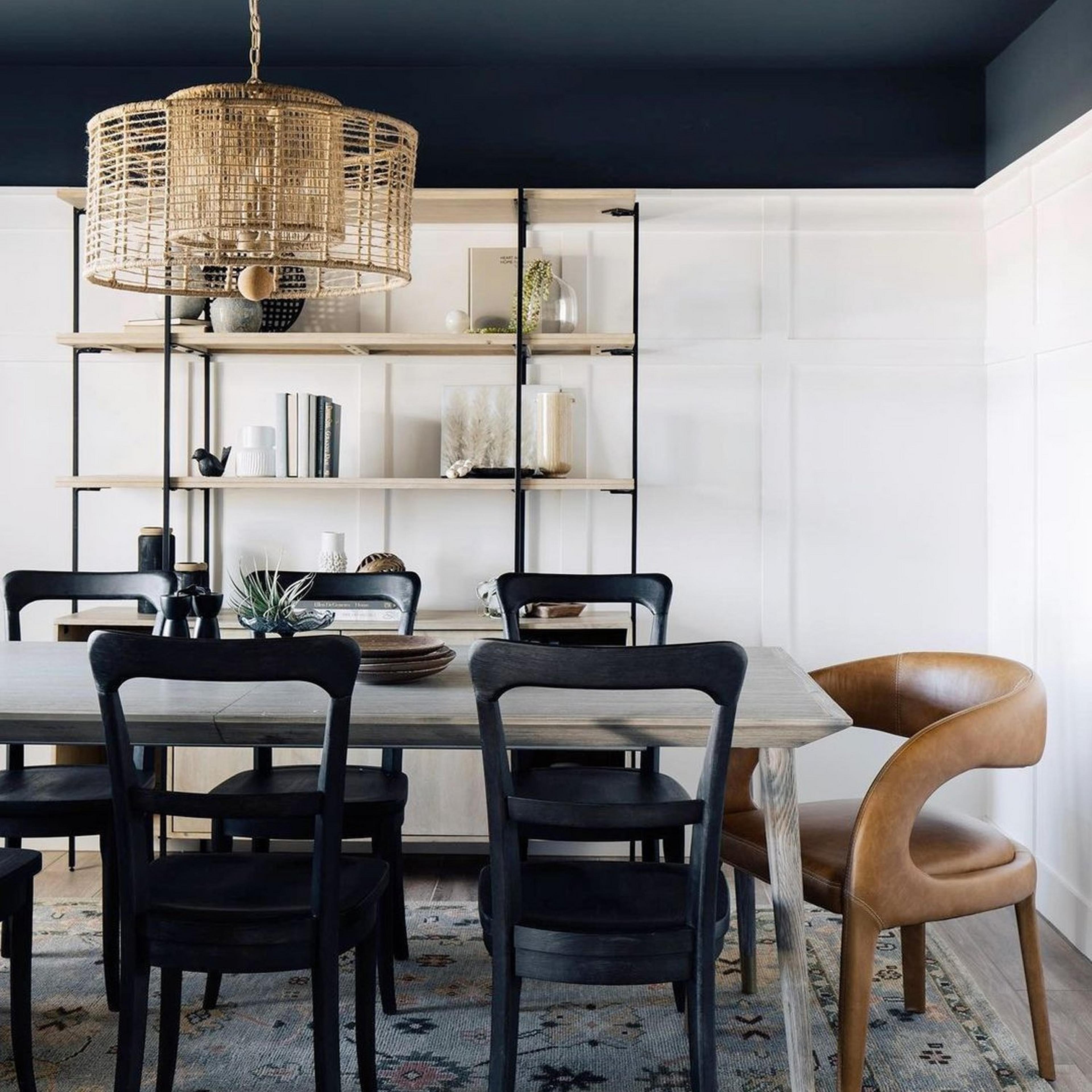Jute Veil Chandelier in modern dining room with dark painted ceiling