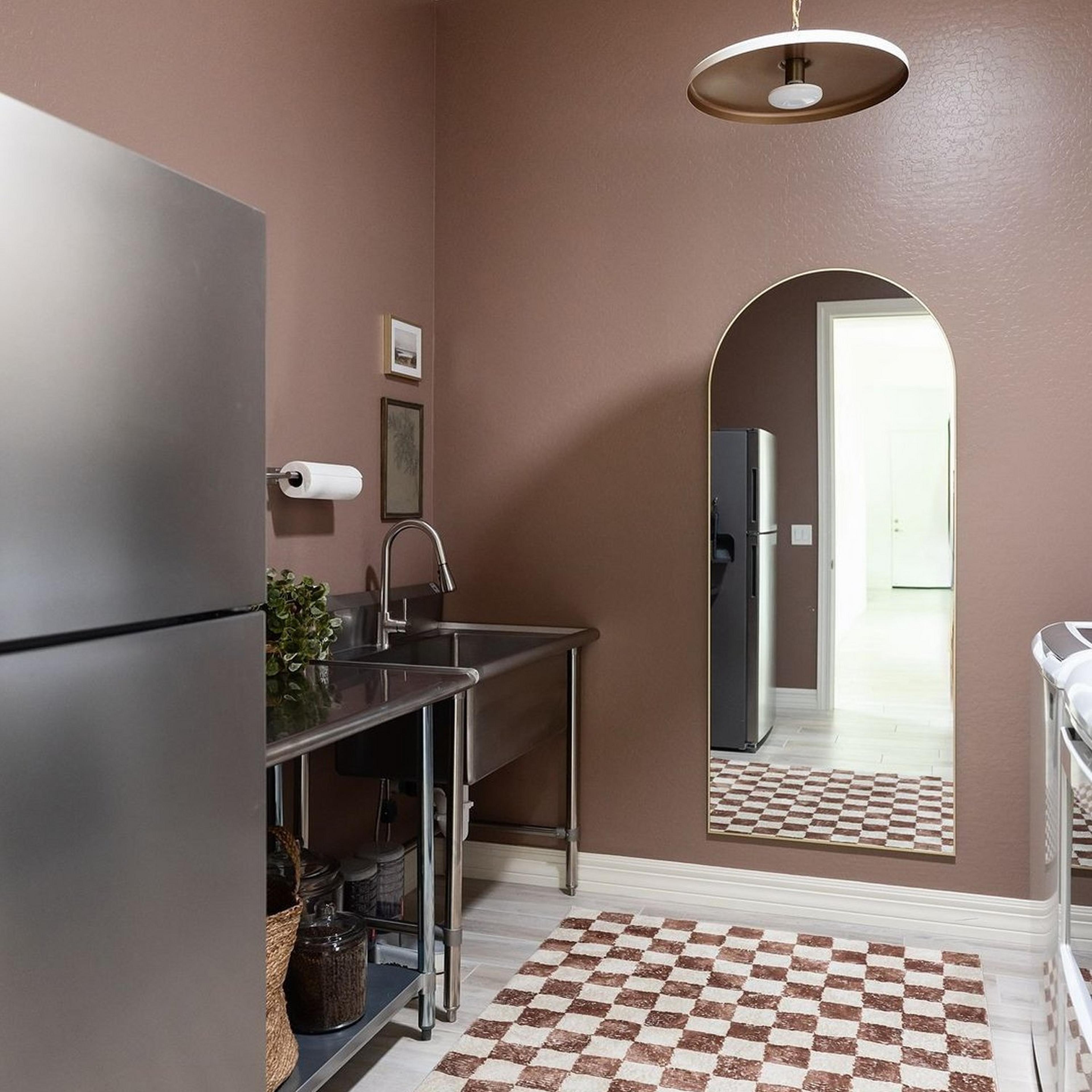 Chris Loves Julia Victor Pendant in kitchen with checkered floor and arched full length mirror