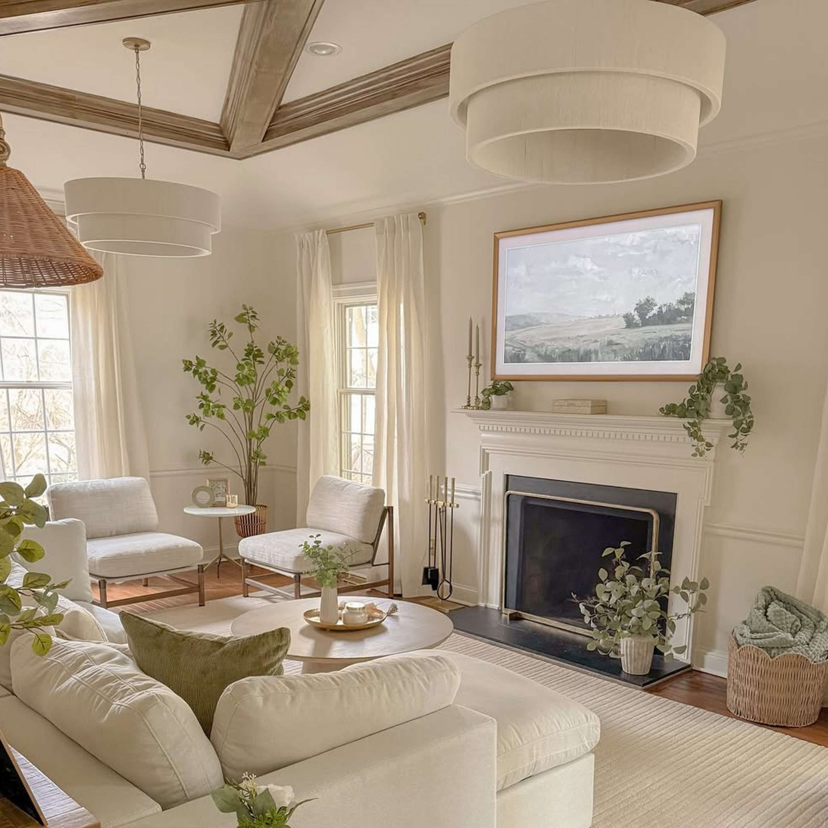 Two Natural Rope Kalini Double Drum Chandeliers in a living room