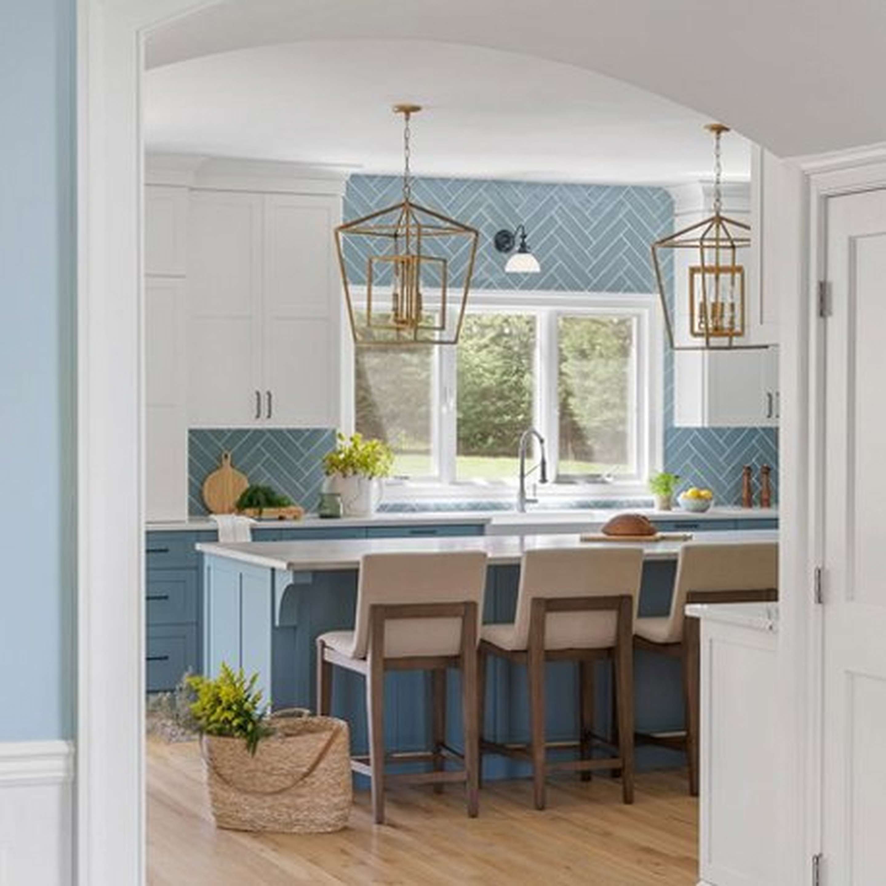 Antique Gold Distressed Geometric Flare Lantern in blue kitchen