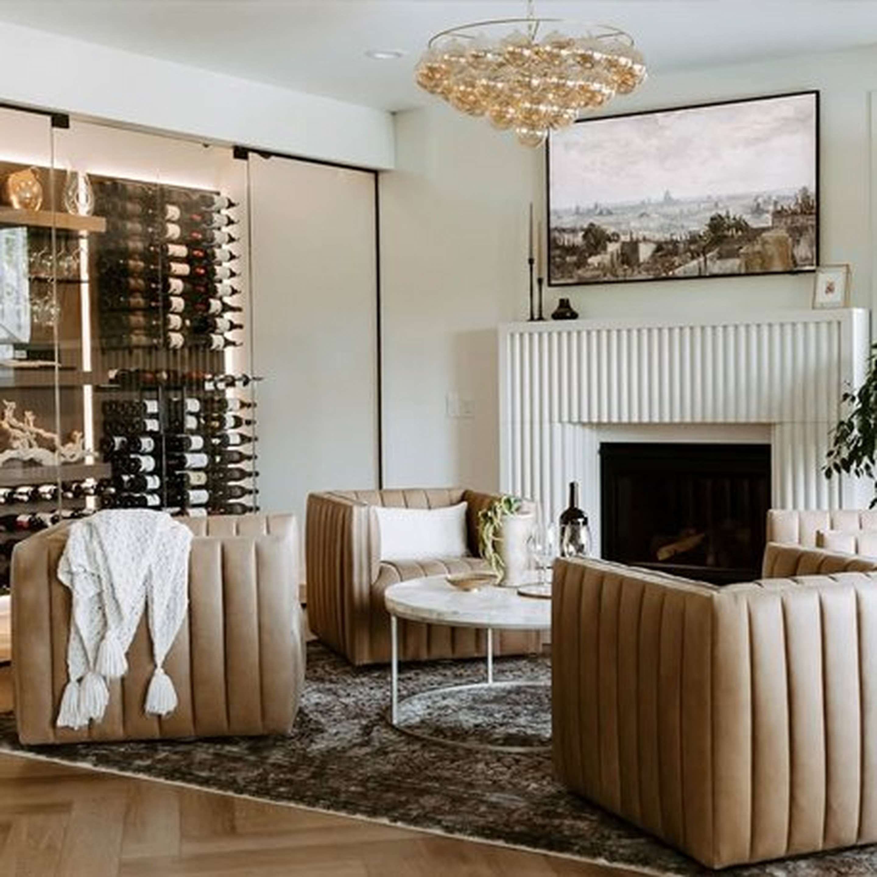 Aged Brass and Champagne Glass Elodie Chandelier in a wine room