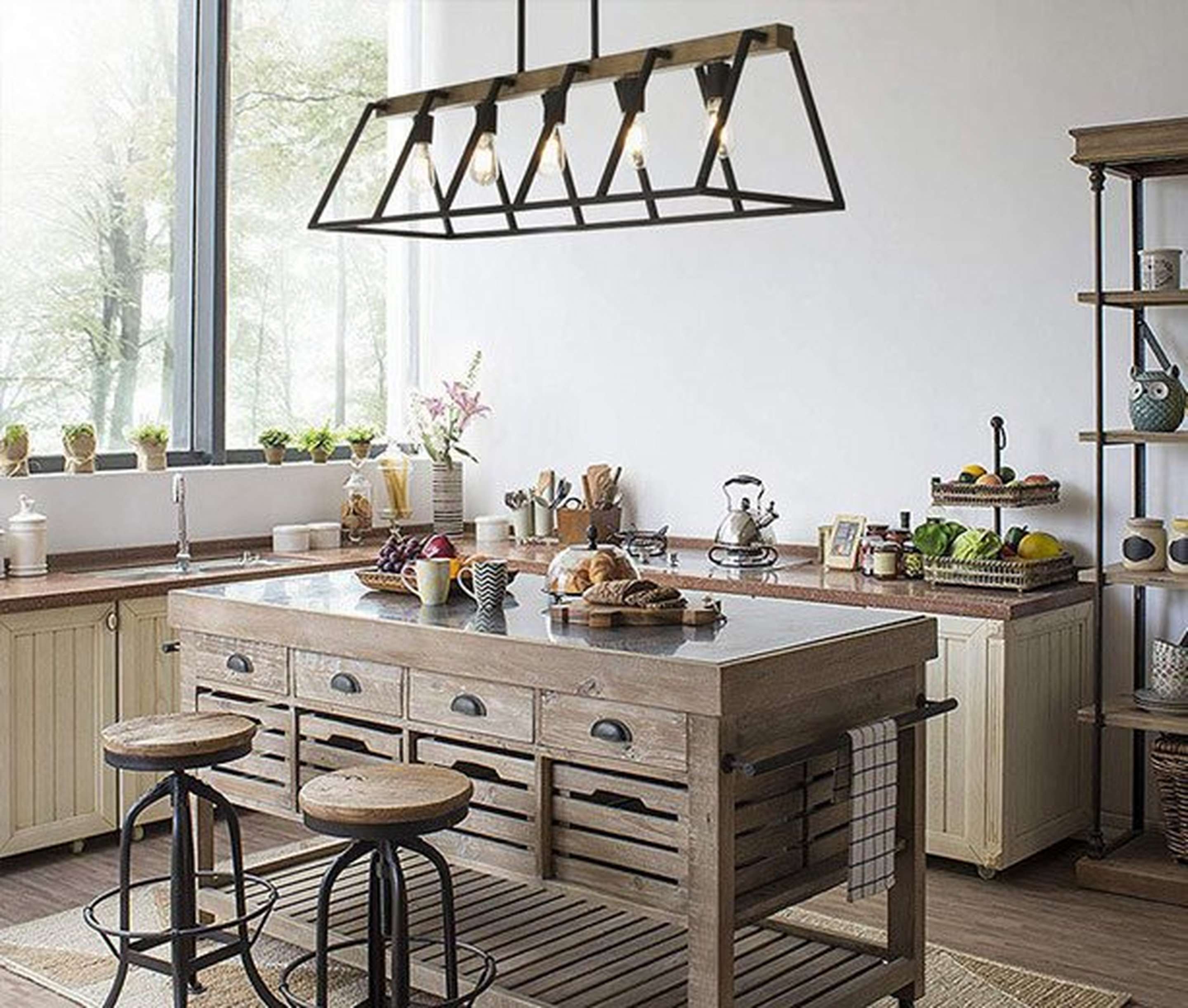Open-Frame Linear Island Chandelier in an Open Plan Kitchen