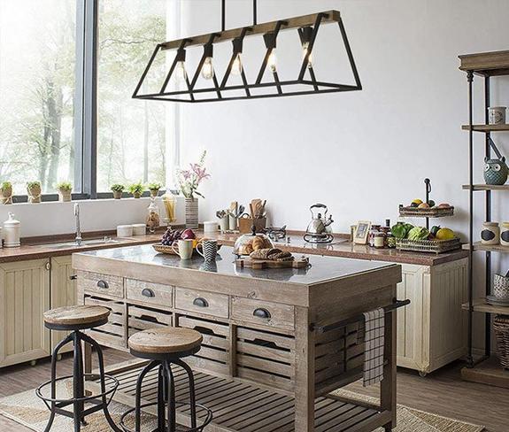 Open Frame Linear Island Chandelier in an open plan kitchen