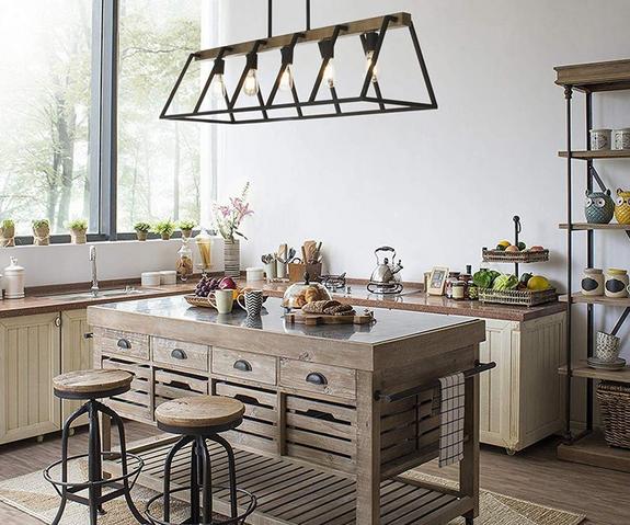 Wooden kitchen open frame island chandelier