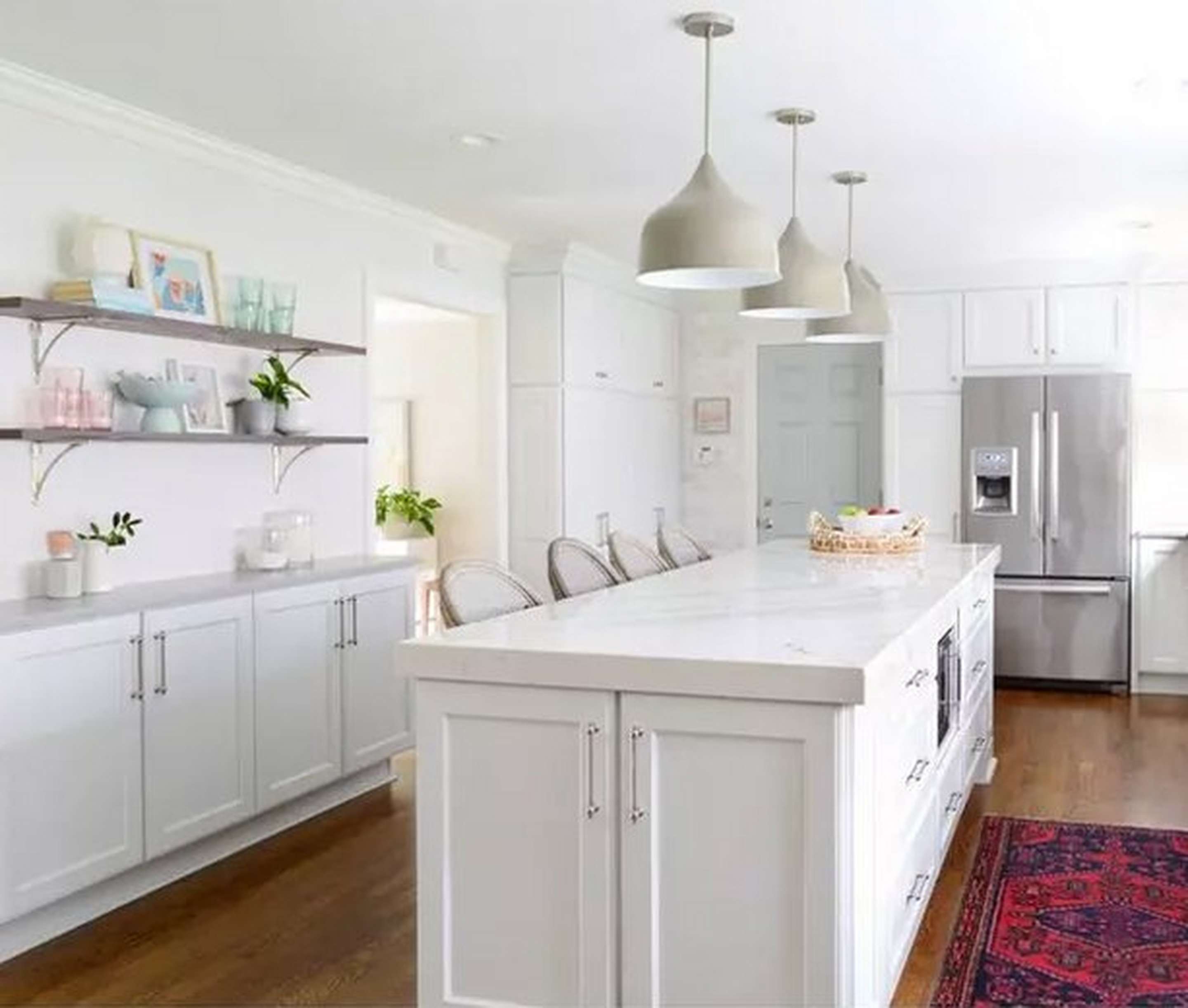 Young House Love Metal Convertible Pendant over a modern kitchen island