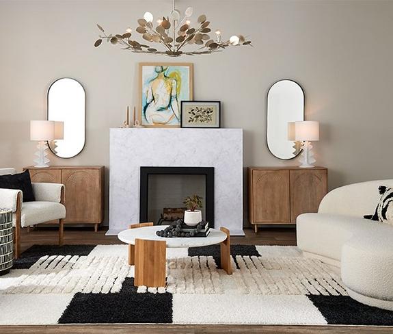 Textural Modernism Living Room with Alana Island Chandelier