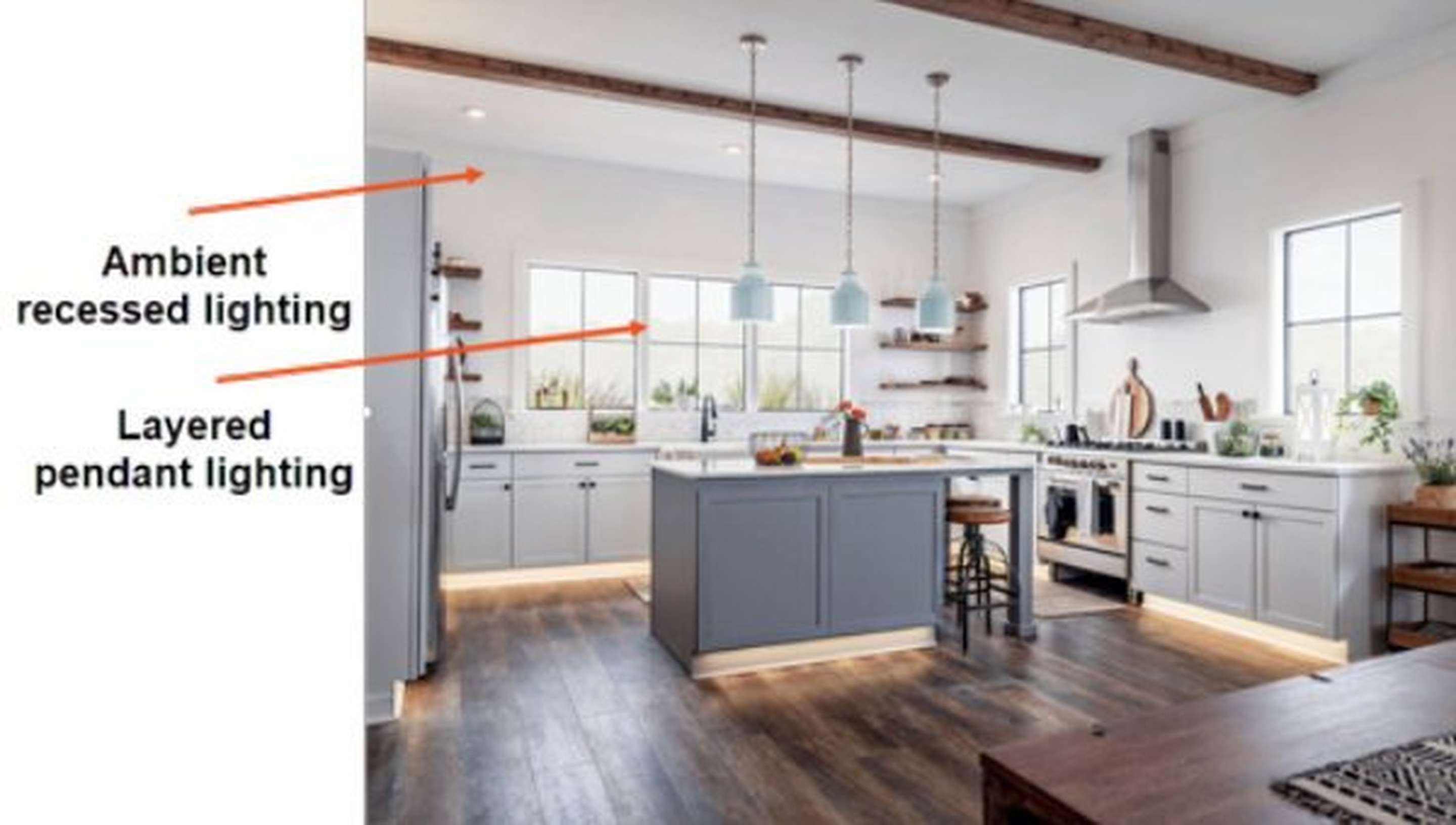 Ambient recessed kitchen lighting vs. Layered kitchen pendant lighting