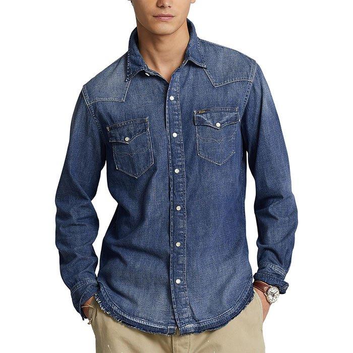 Polo Ralph Lauren | Men's Frayed-Hem Denim Western Shirt, Dark Rinse, Size 2XL