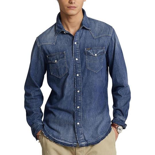 Chemise en denim Western   ourlet effiloch  pour hommes