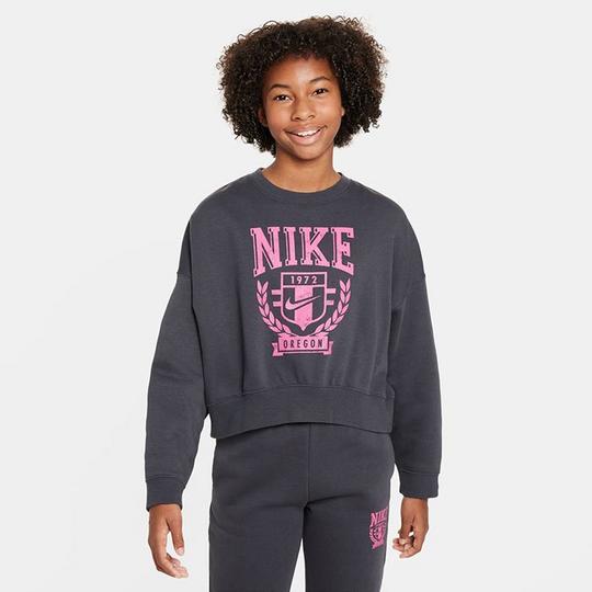 Nike Girls Sportswear Trend Print Fleece Crewneck Top in Anthracite