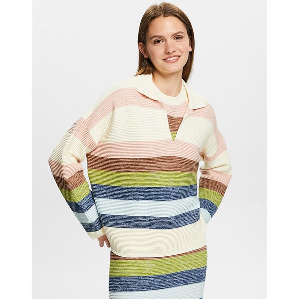 Women's Striped Polo V-Neck Sweater
