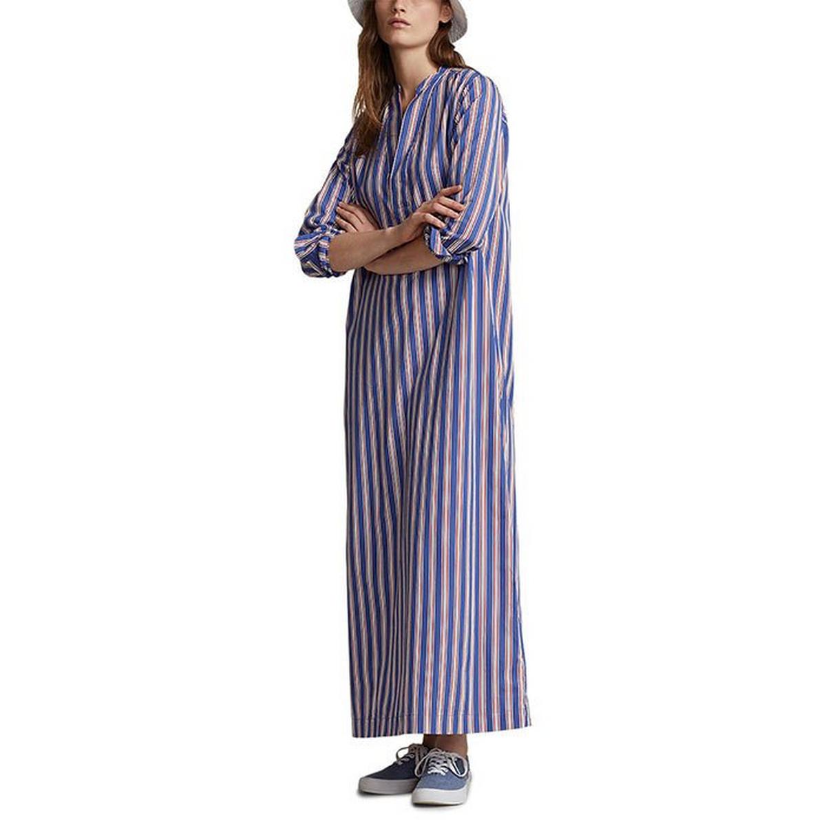 Women's Striped Cotton Long Sleeve Shirt Dress