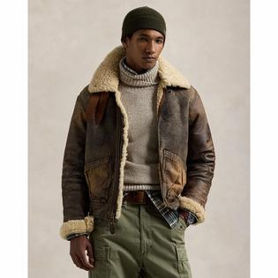  Men's Leather Trim Shearling Bomber Jacket