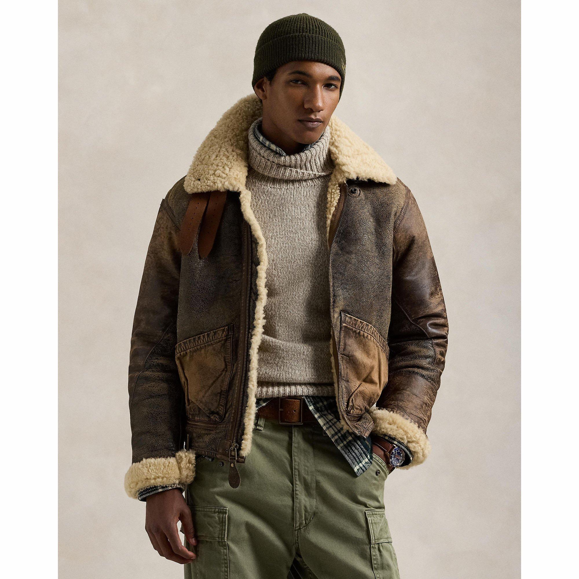 Leather shearling bomber jacket mens deals