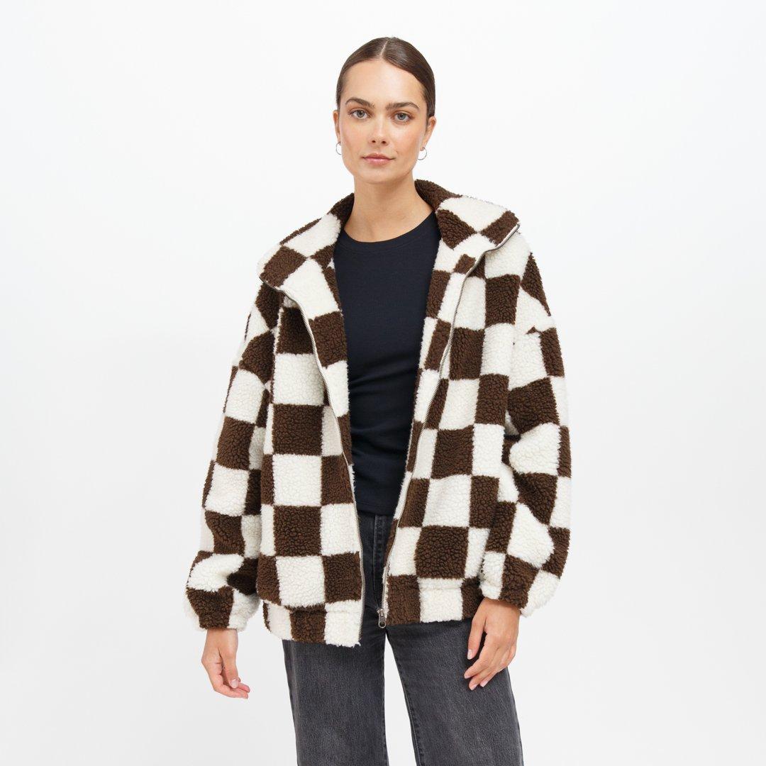 Women s Checkerboard Sherpa Full Zip Jacket Brunette The Label Sporting Life Online