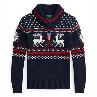 Junior Boys' [8-20] Reindeer Cotton-Blend Shawl Sweater