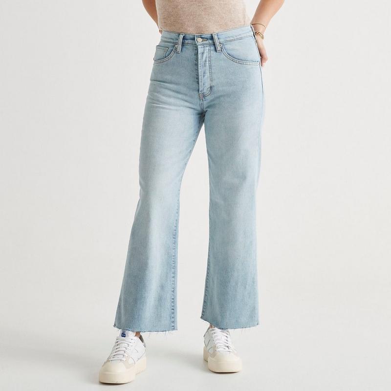 DUER Jean &agrave; jambe large en denim de performance mi-&eacute;pais pour femmes