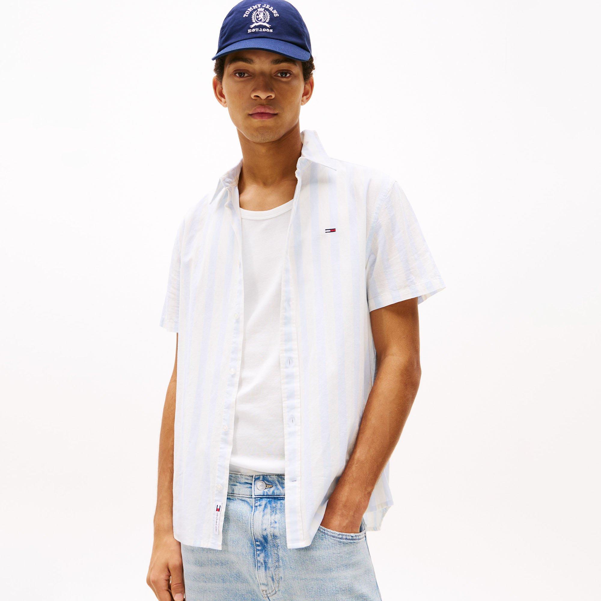 Men's Striped Linen-Blend Short Sleeve Shirt