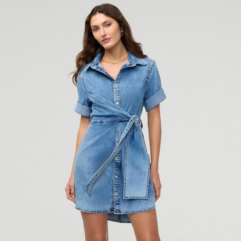 DUER Robe chemise portefeuille en denim l&eacute;ger Performance pour femmes