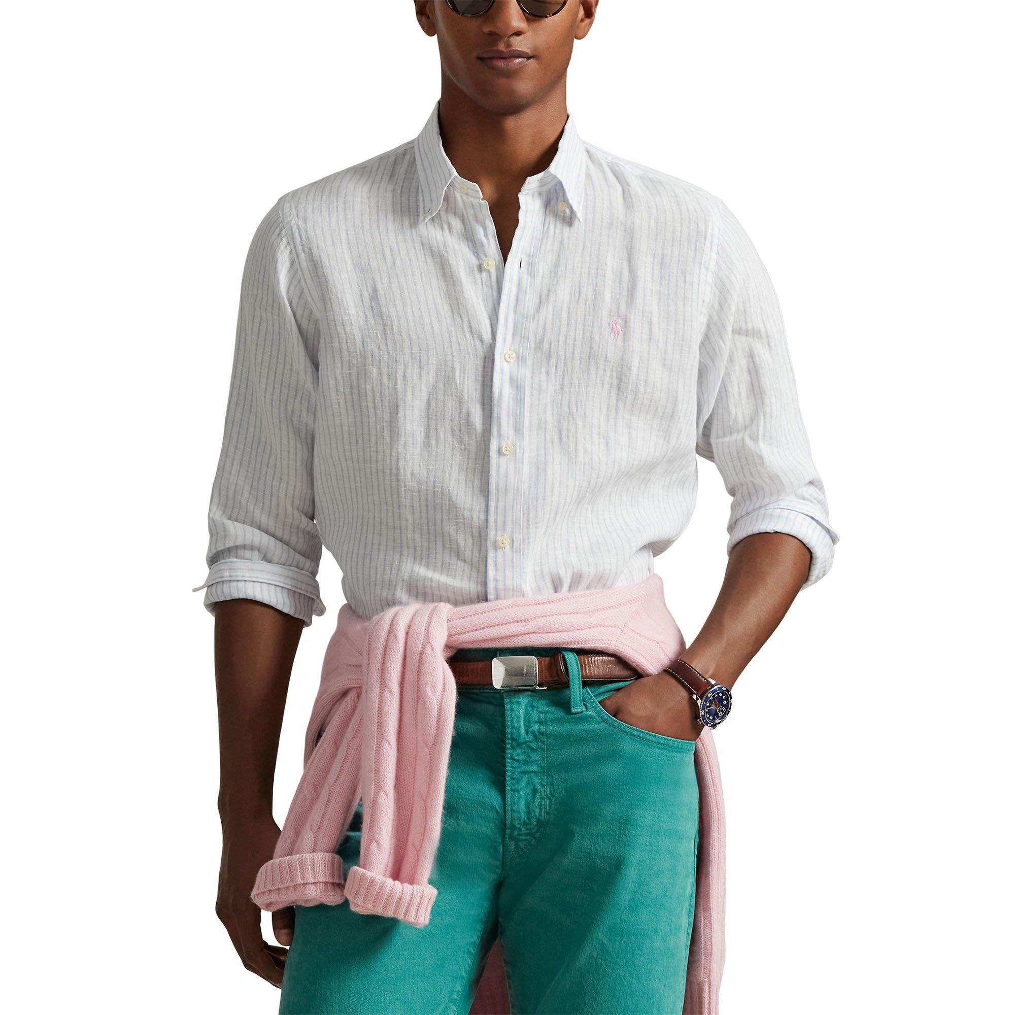 Polo Ralph Lauren | Men's Classic Fit Striped Linen Shirt, White Blue, Size Medium