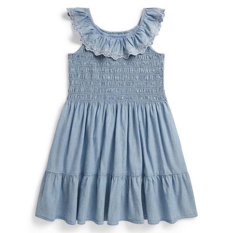 Polo Ralph Lauren Robe en chambray indigo avec superposition &agrave; motif de bleuets pour filles juniors [7-16]