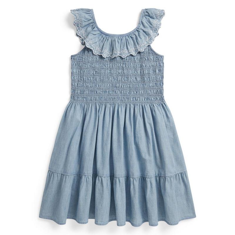 Polo Ralph Lauren Robe en chambray indigo avec superposition &agrave; motif de bleuets pour filles juniors [7-16]