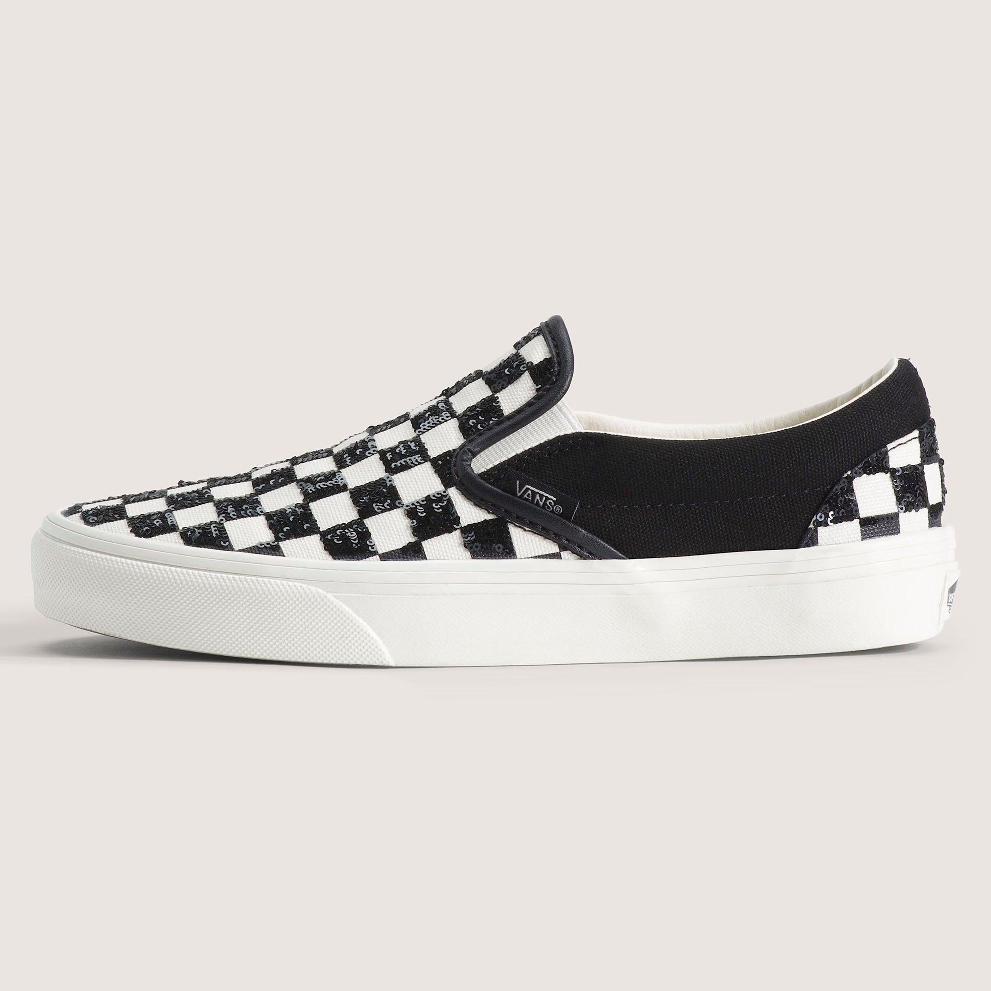 Chaussures sans lacets classiques à paillettes et à damier noires et blanches