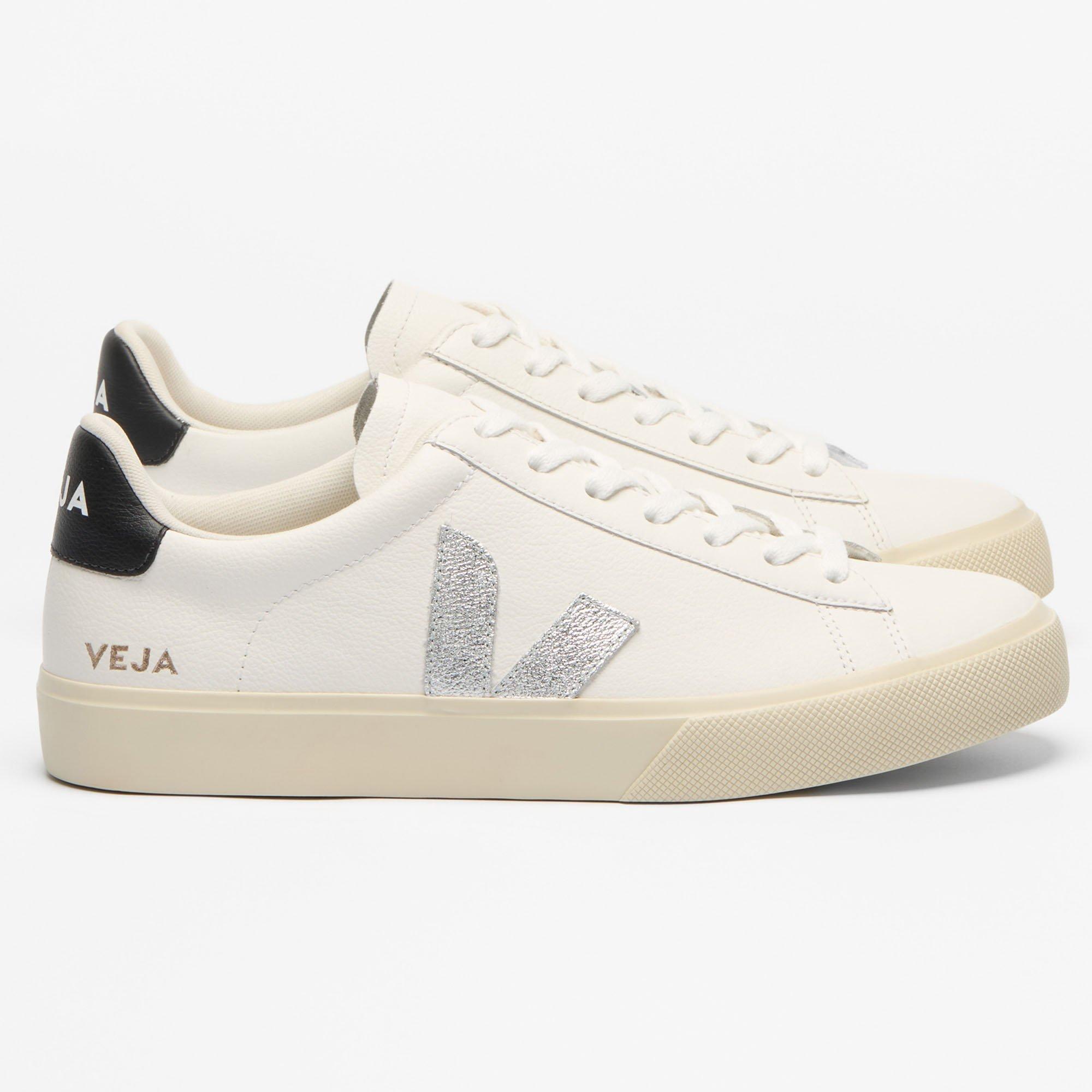 Veja | Women's Campo Leather Sneakers, White Silver Black, Size 41