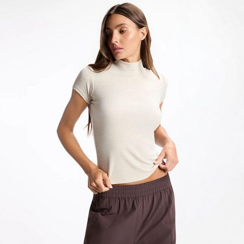 MPG Women's Baby Rib Short Sleeve Mock Neck T-Shirt