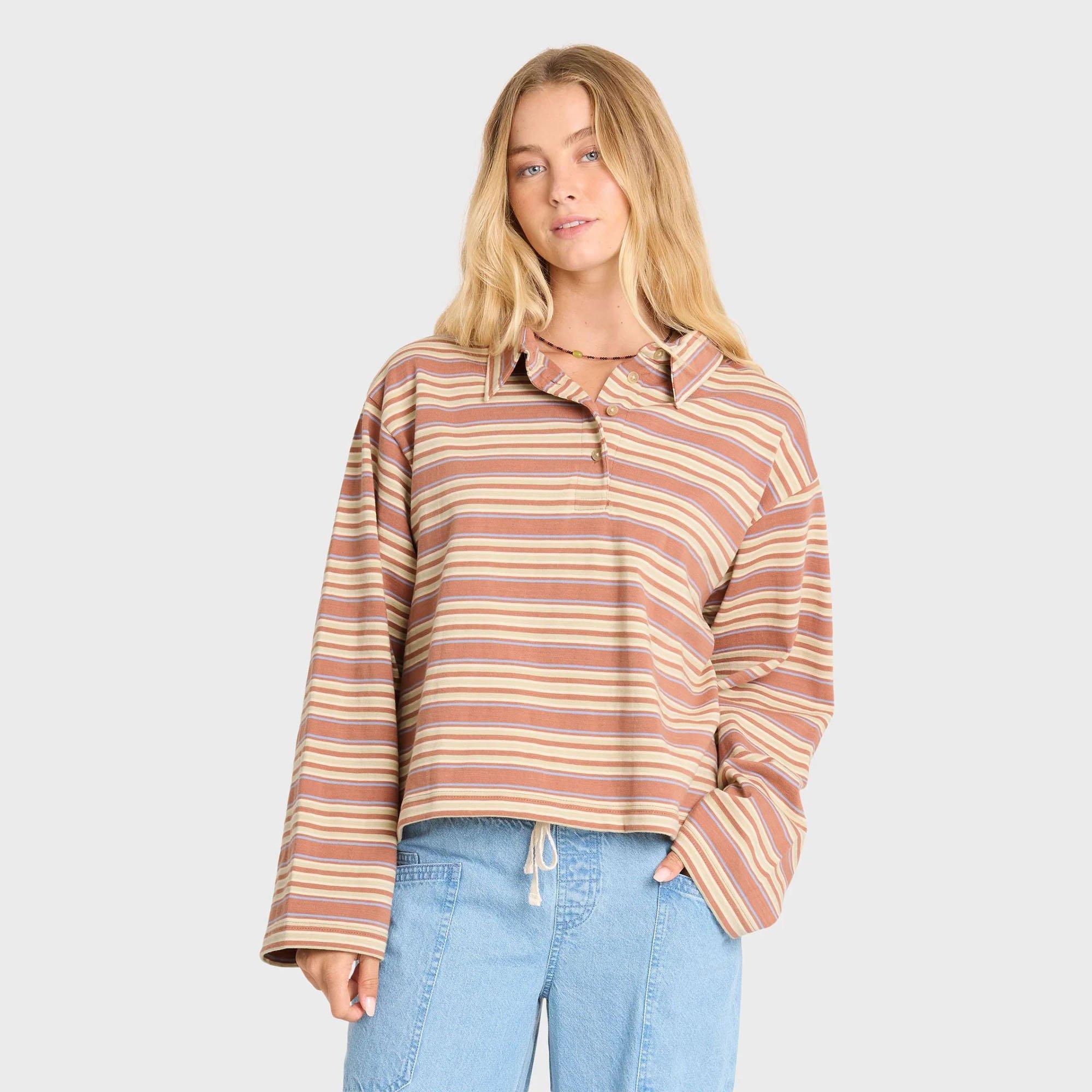 Billabong | Women's Sugar Stripe Long Sleeve Polo, Sugar Almond, Size Medium